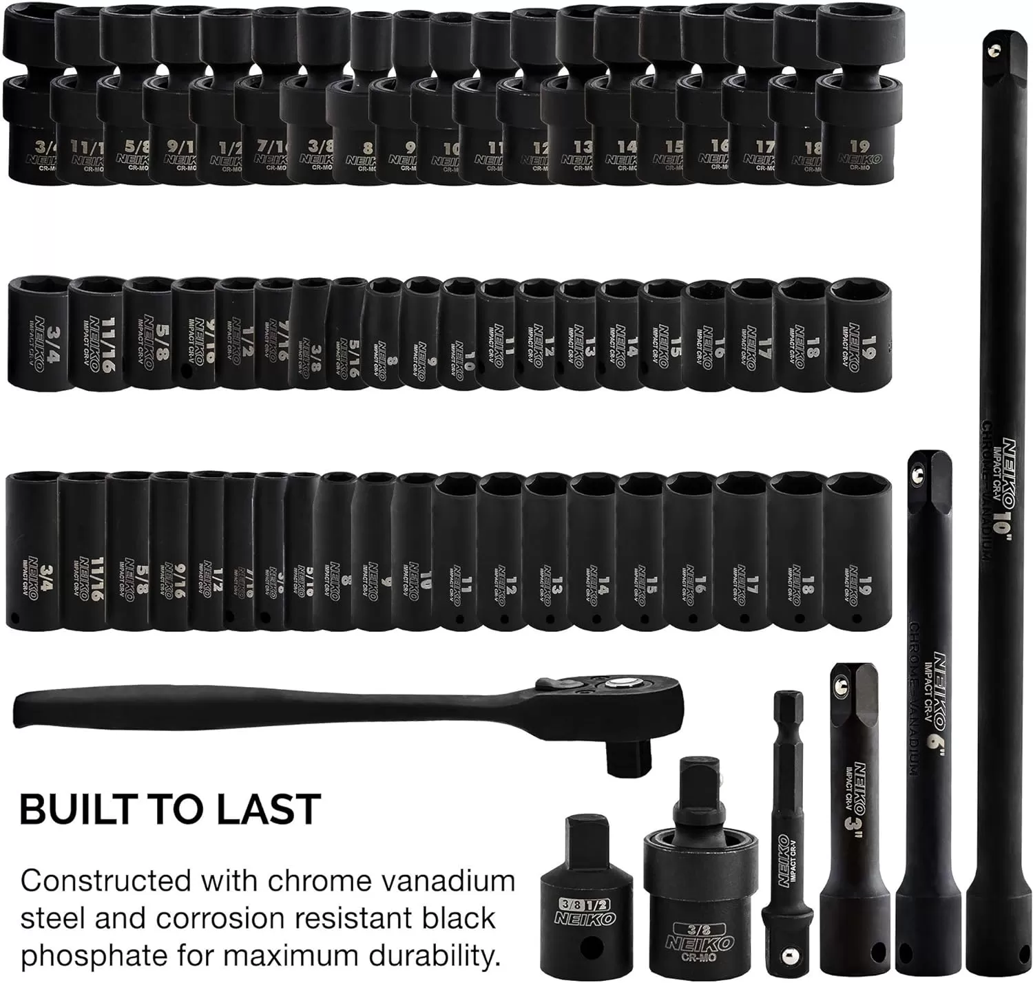 imageNEIKO 02440A 38InchDrive Impact Socket Set SAE Sizes 516quot to 34quot and Metric Sizes 8 mm to 19 mm Includes Extension Bars and UJoint 44 PiecesSAE and Metric