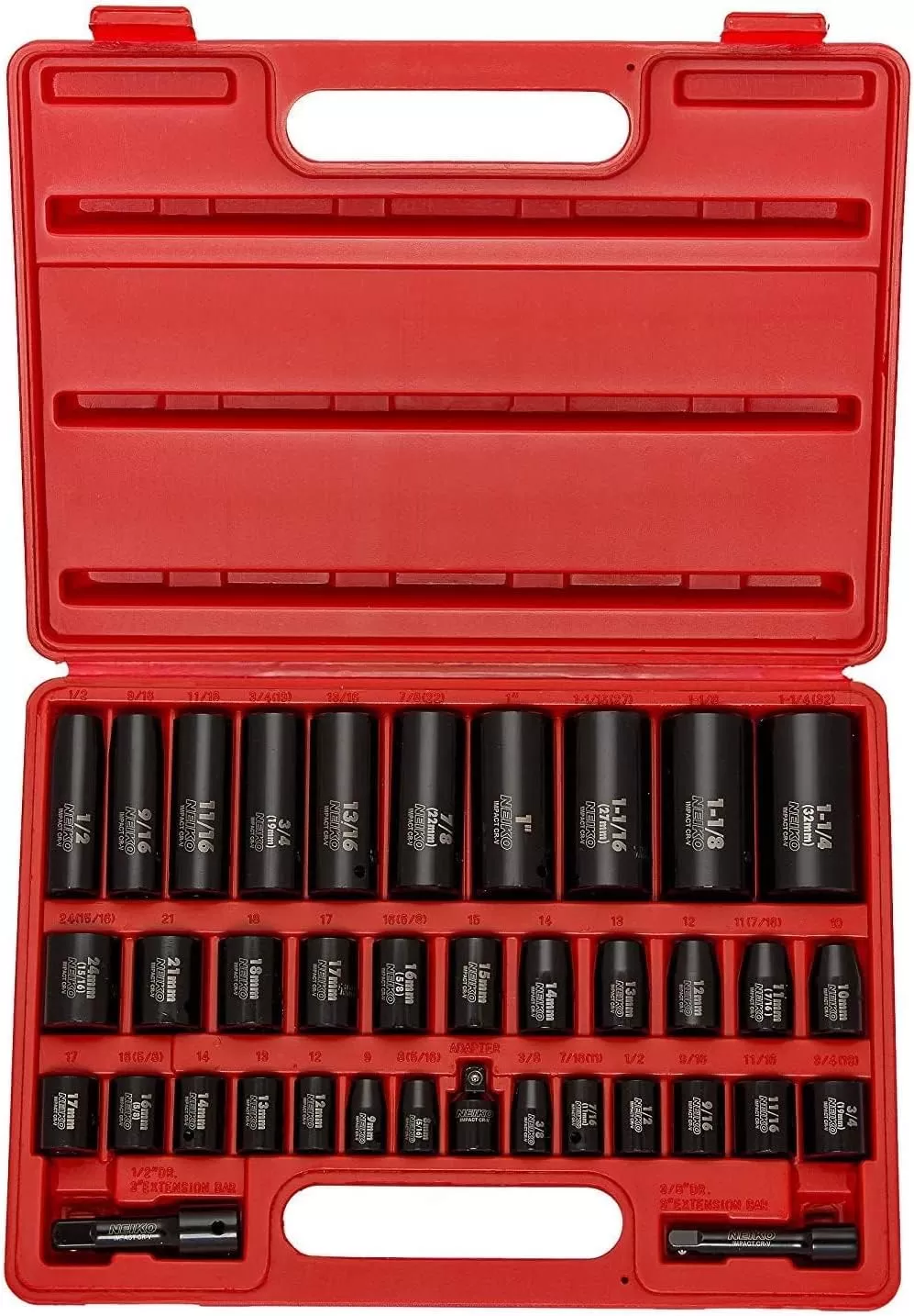 imageNEIKO 02440A 38InchDrive Impact Socket Set SAE Sizes 516quot to 34quot and Metric Sizes 8 mm to 19 mm Includes Extension Bars and UJoint 44 PiecesSAE and Metric