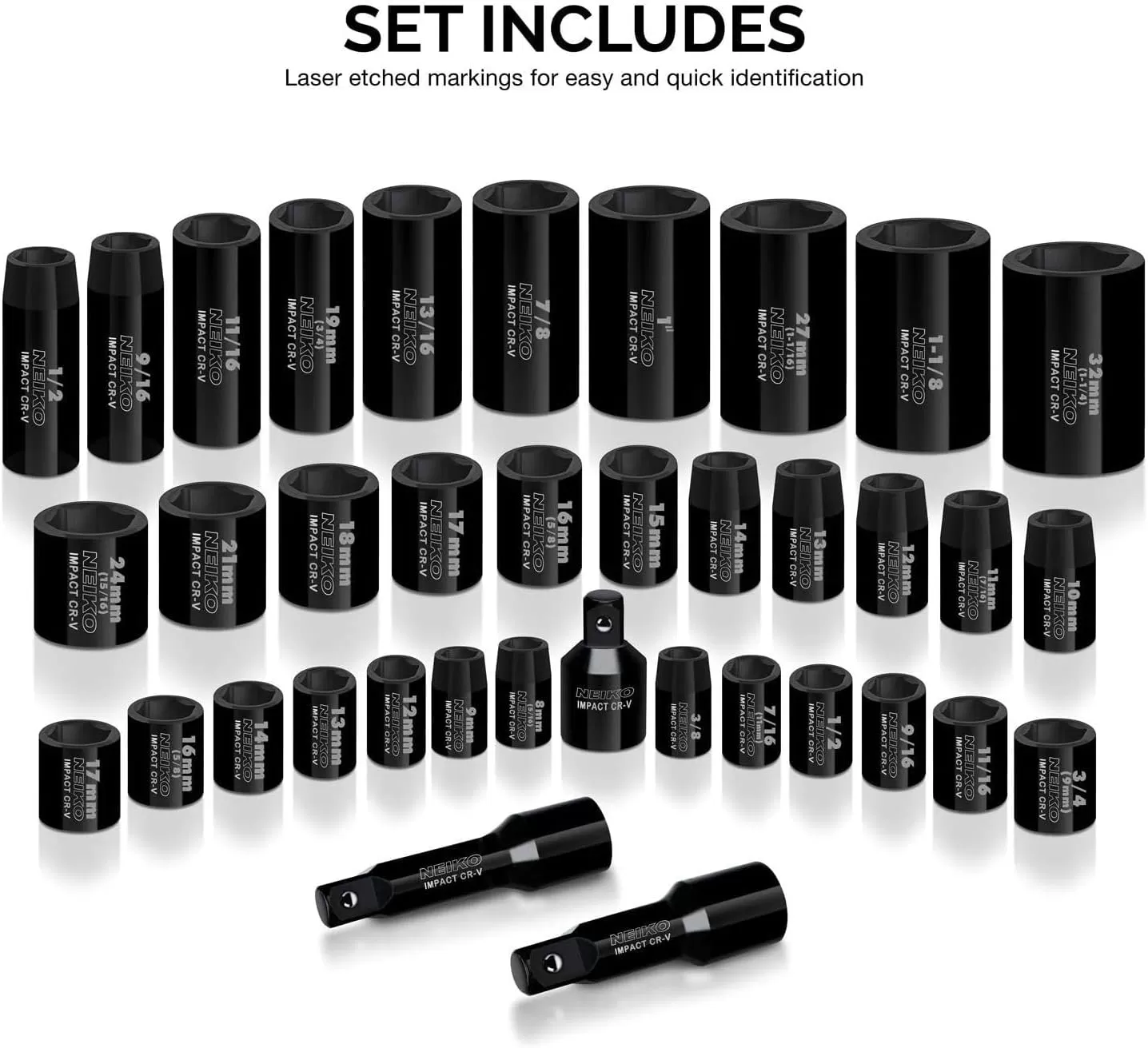 imageNEIKO 02440A 38InchDrive Impact Socket Set SAE Sizes 516quot to 34quot and Metric Sizes 8 mm to 19 mm Includes Extension Bars and UJoint 44 PiecesSAE and Metric