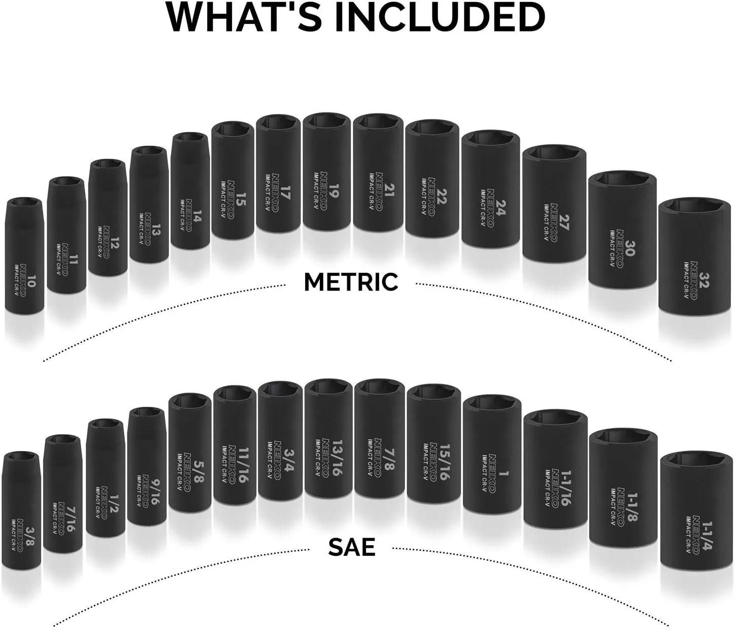 imageNEIKO 02448A 12quot Drive Master Impact Socket Set 65 Piece Standard SAE 38quot114quot ampamp Metric 1024 mm Sizes Deep ampamp Shallow Kit Includes Adapters ampamp Ratchet HandleSAE and Metric