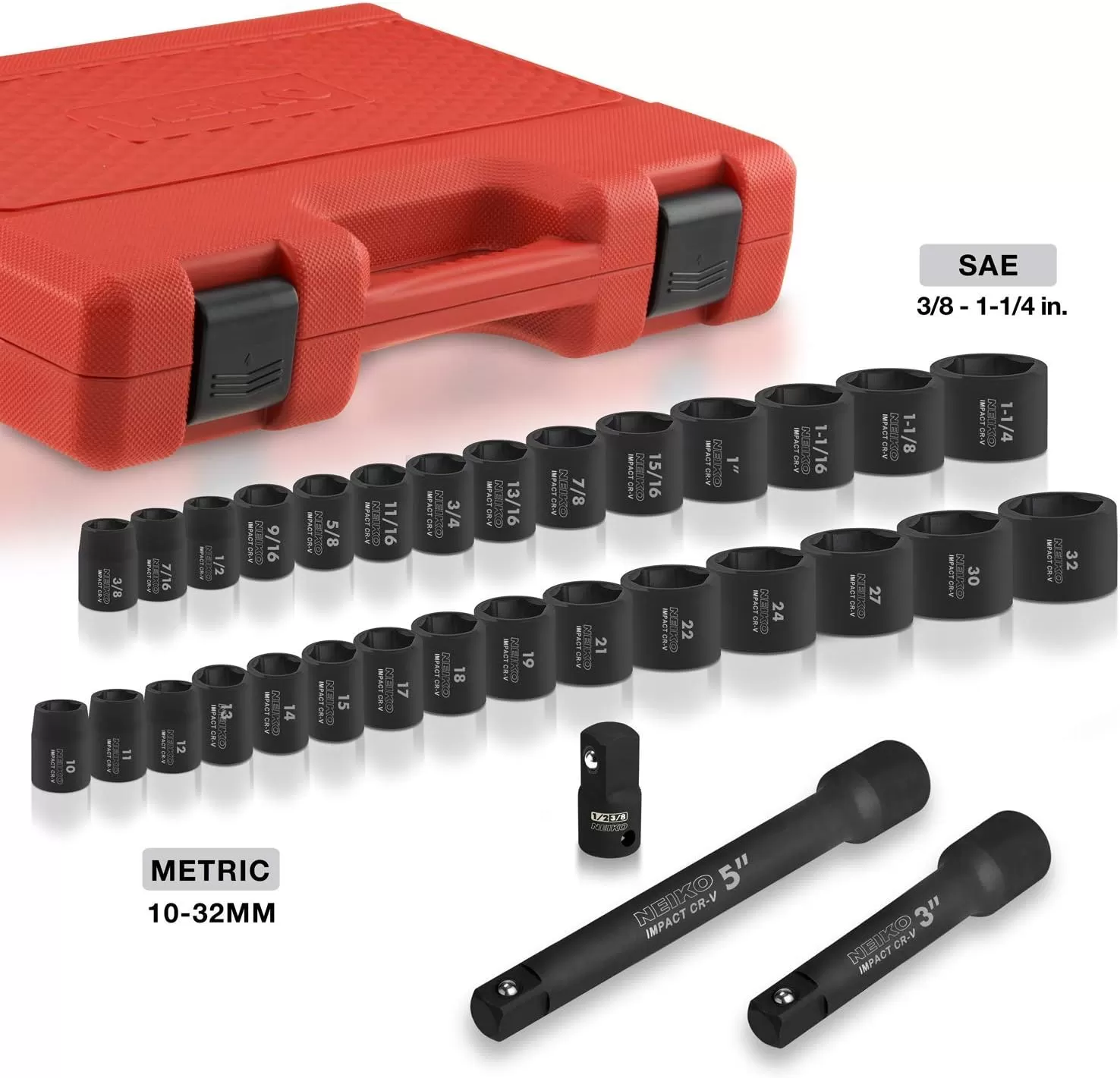 imageNEIKO 02448A 12quot Drive Master Impact Socket Set 65 Piece Standard SAE 38quot114quot ampamp Metric 1024 mm Sizes Deep ampamp Shallow Kit Includes Adapters ampamp Ratchet HandleSAE and Metric