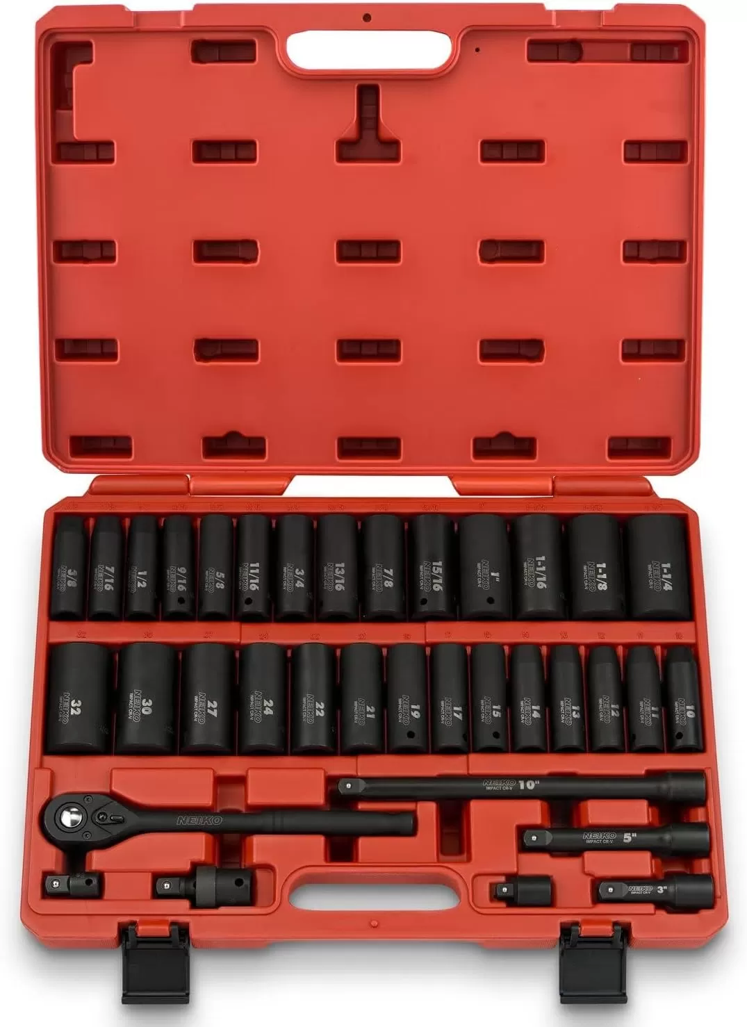 imageNEIKO 02448A 12quot Drive Master Impact Socket Set 65 Piece Standard SAE 38quot114quot ampamp Metric 1024 mm Sizes Deep ampamp Shallow Kit Includes Adapters ampamp Ratchet HandleSAE and Metric