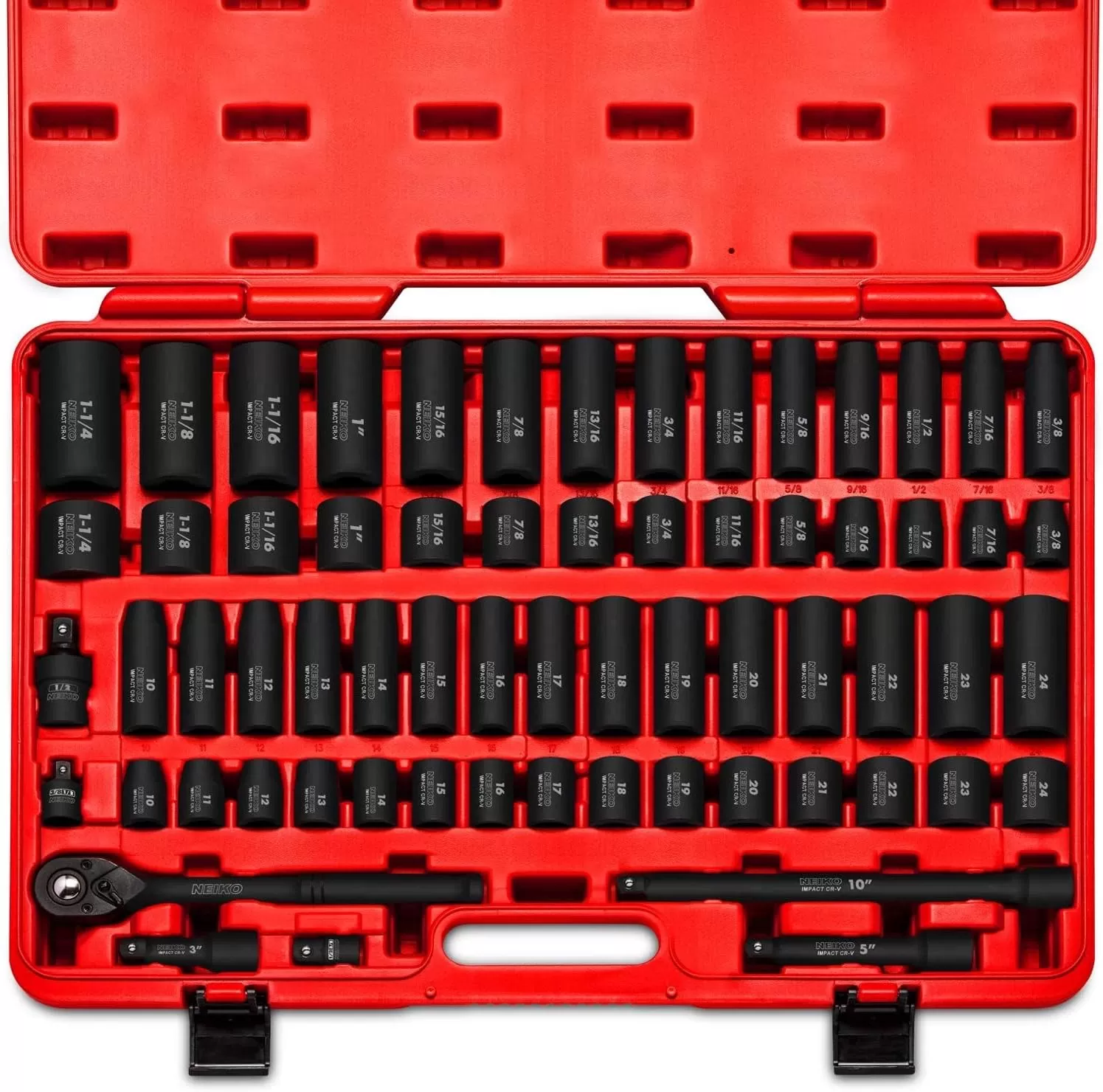 imageNEIKO 02448A 12quot Drive Master Impact Socket Set 65 Piece Standard SAE 38quot114quot ampamp Metric 1024 mm Sizes Deep ampamp Shallow Kit Includes Adapters ampamp Ratchet HandleSAE and Metric