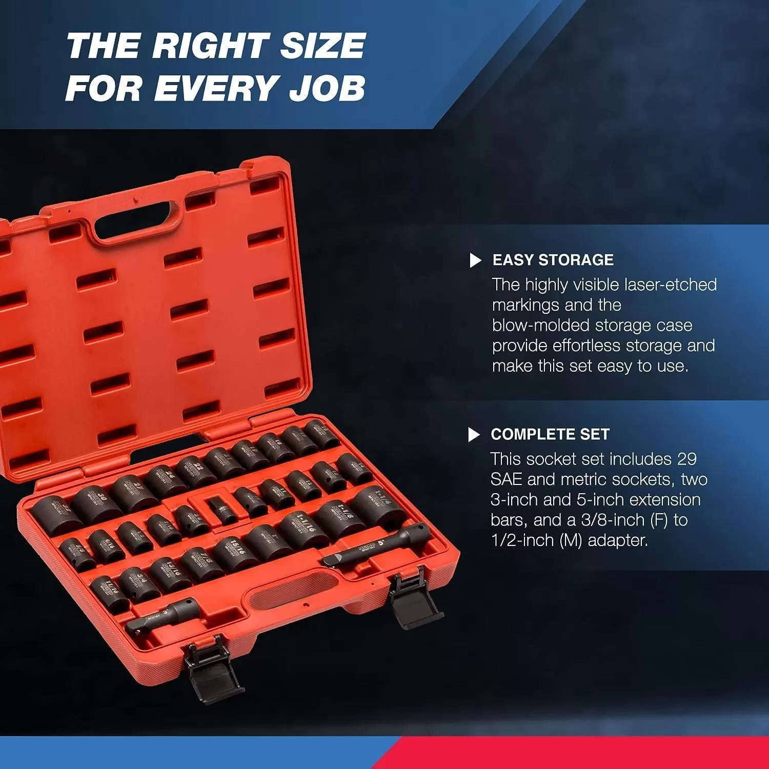 imageNEIKO 02448A 12quot Drive Master Impact Socket Set 65 Piece Standard SAE 38quot114quot ampamp Metric 1024 mm Sizes Deep ampamp Shallow Kit Includes Adapters ampamp Ratchet HandleSAE and Metric