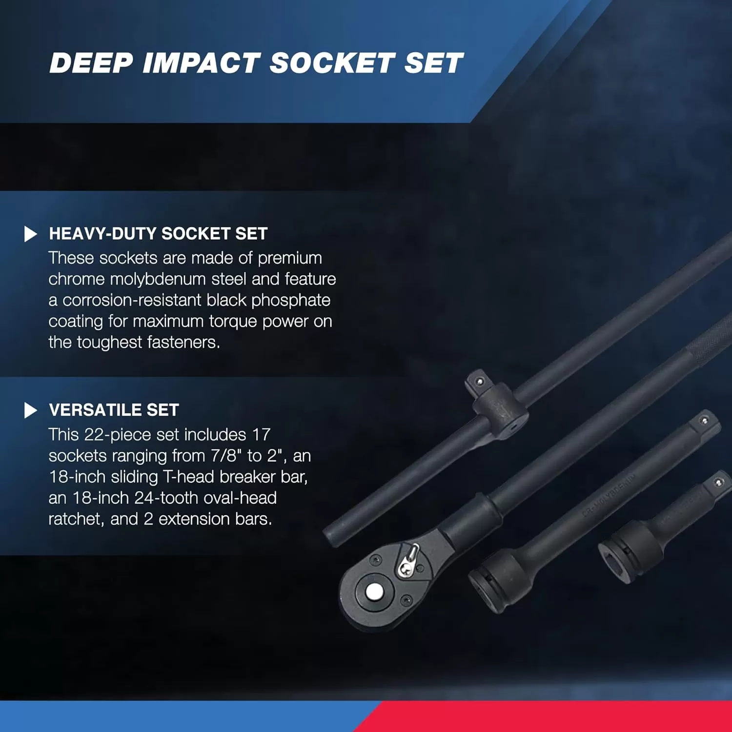 imageNEIKO 02461A 34 Inch Drive Impact Socket Set SAE 1 to 112 8 PC DeepJumbo Sockets Chrome Vanadium CrVSAE