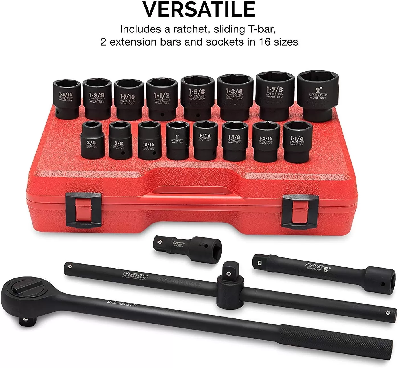 imageNEIKO 02461A 34 Inch Drive Impact Socket Set SAE 1 to 112 8 PC DeepJumbo Sockets Chrome Vanadium CrVSAE