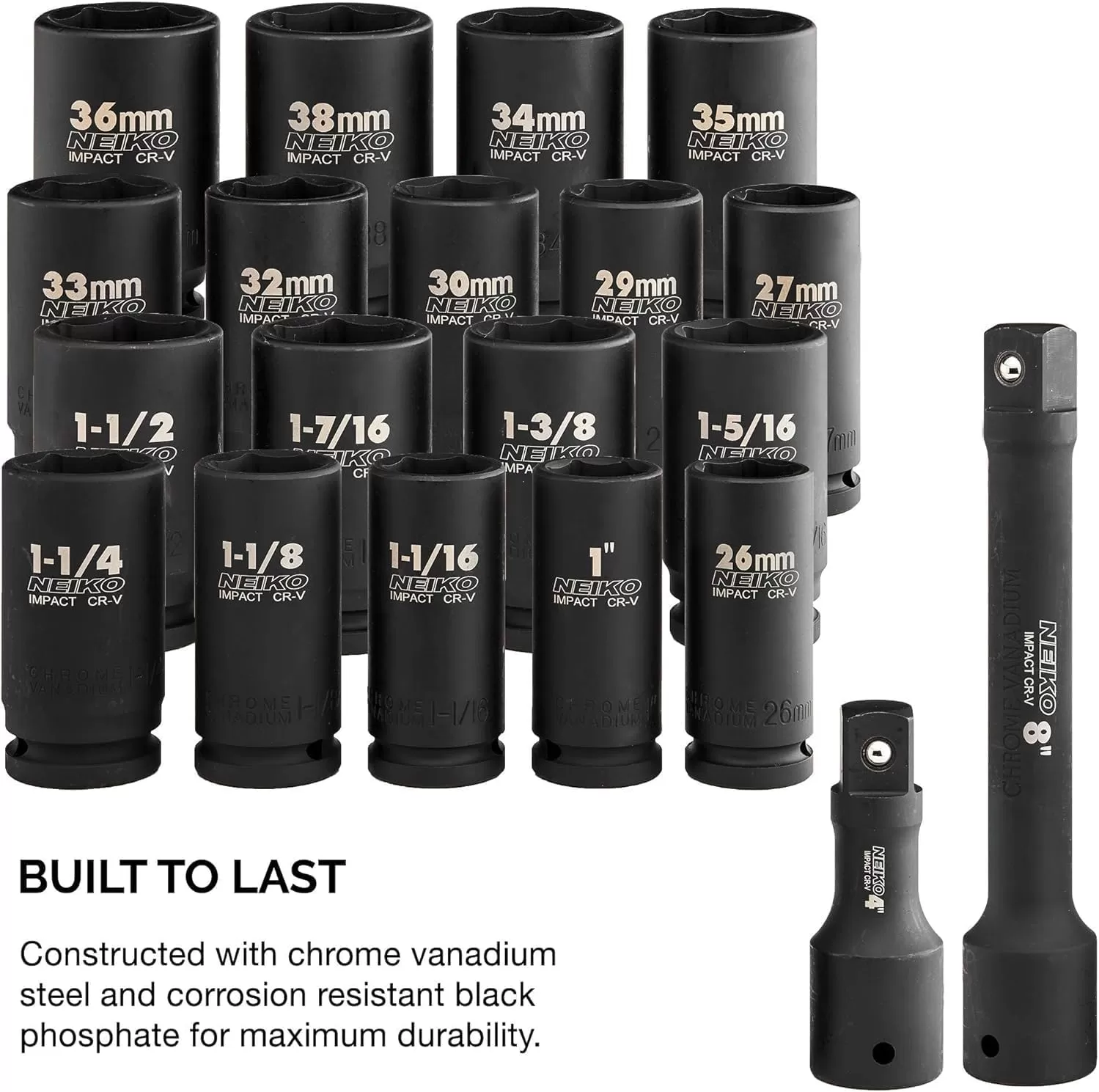 imageNEIKO 02461A 34 Inch Drive Impact Socket Set SAE 1 to 112 8 PC DeepJumbo Sockets Chrome Vanadium CrVSAE and Metric