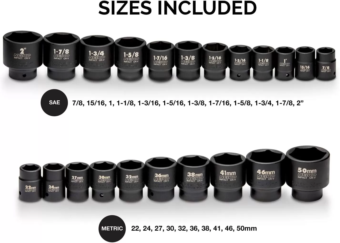 imageNEIKO 02461A 34 Inch Drive Impact Socket Set SAE 1 to 112 8 PC DeepJumbo Sockets Chrome Vanadium CrVSAE and Metric