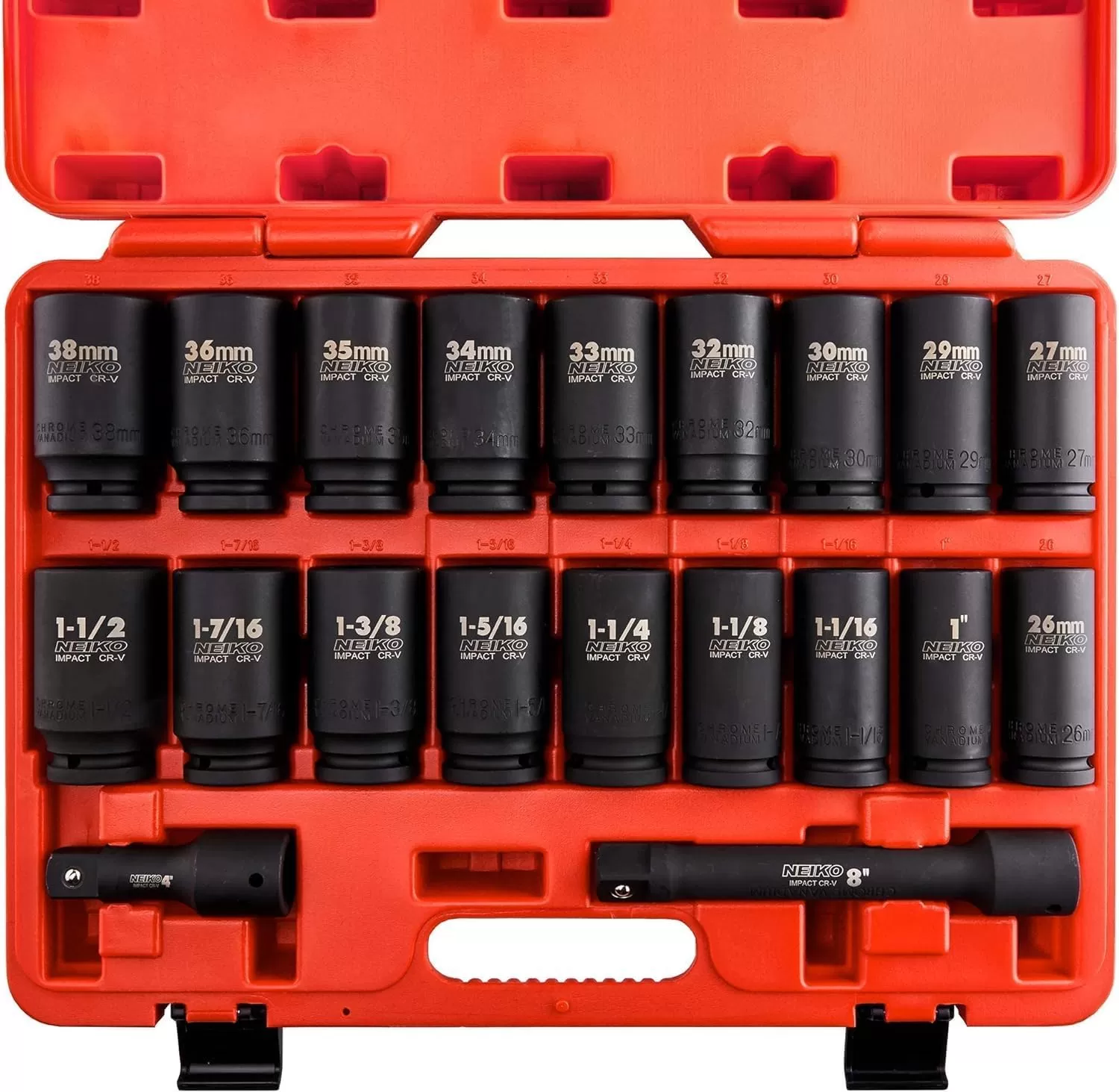 imageNEIKO 02461A 34 Inch Drive Impact Socket Set SAE 1 to 112 8 PC DeepJumbo Sockets Chrome Vanadium CrVSAE and Metric