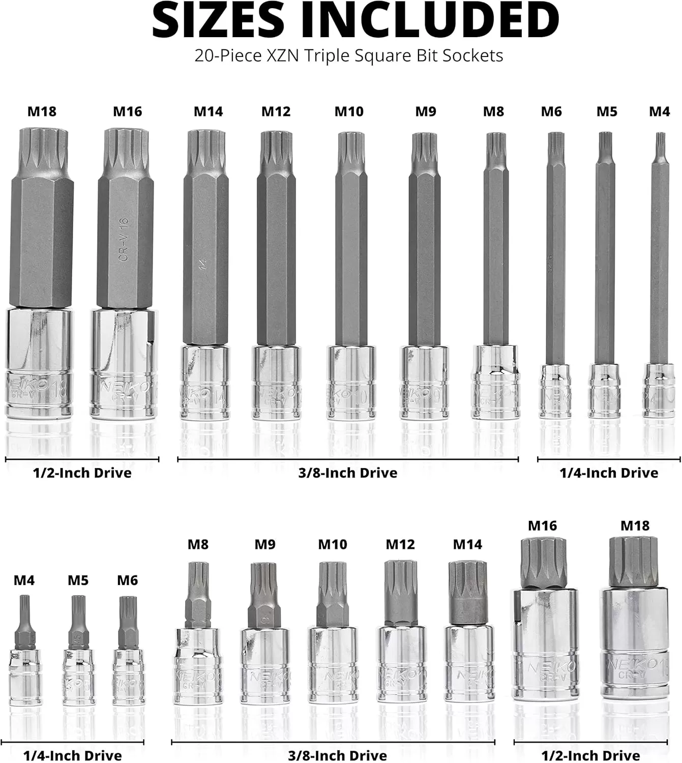 imageNEIKO 10056A 14Inch 38Inch ampamp 12Inch Drive XZN Triple Square Spline Bit Socket Set  10 Piece Set  CrV Sockets and S2 Steel BitsExtraLong