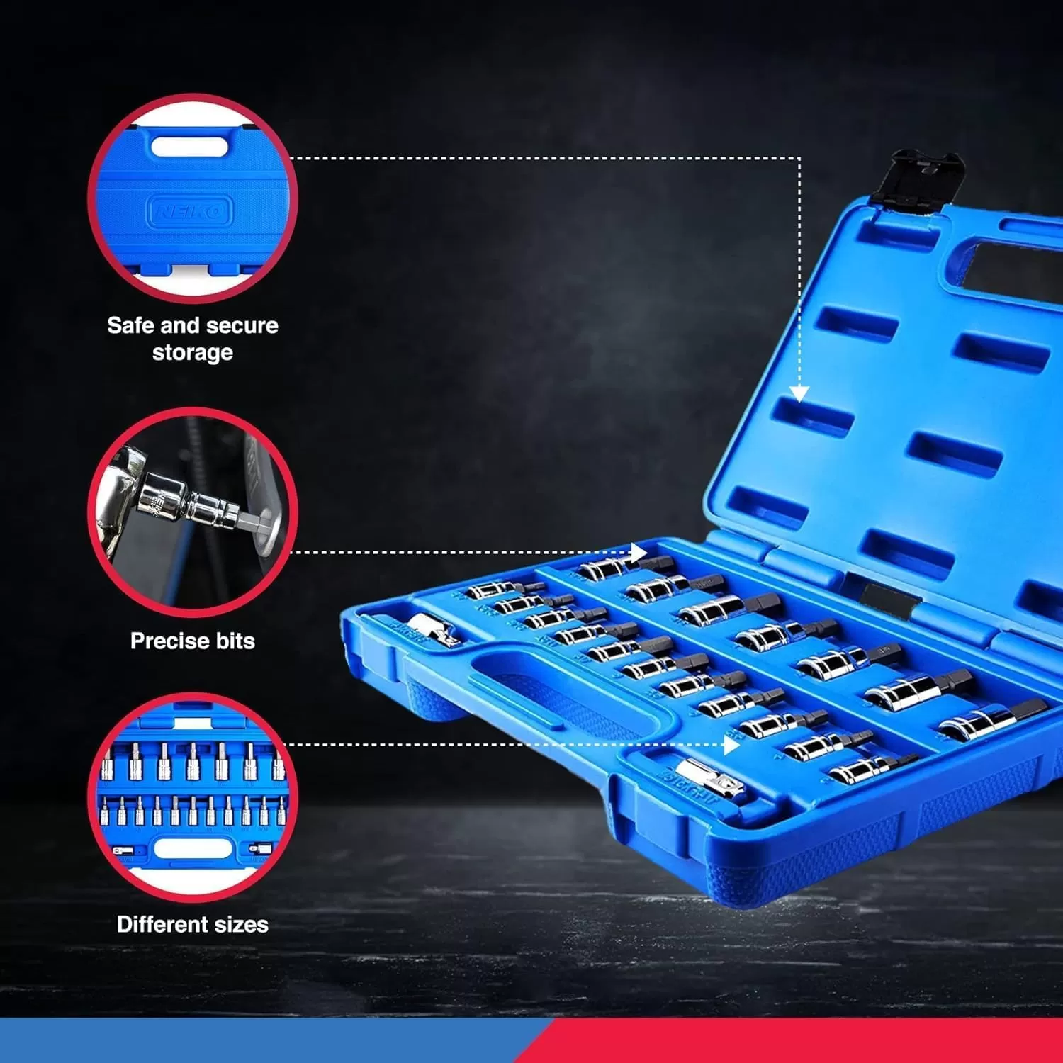 imageNEIKO 10288A Allen Hex Bit Socket Set 32 Piece SAE and Metric Allen Socket Set Allen Head Hex Key Socket Set Made with S2 SteelAllen Hex Bit