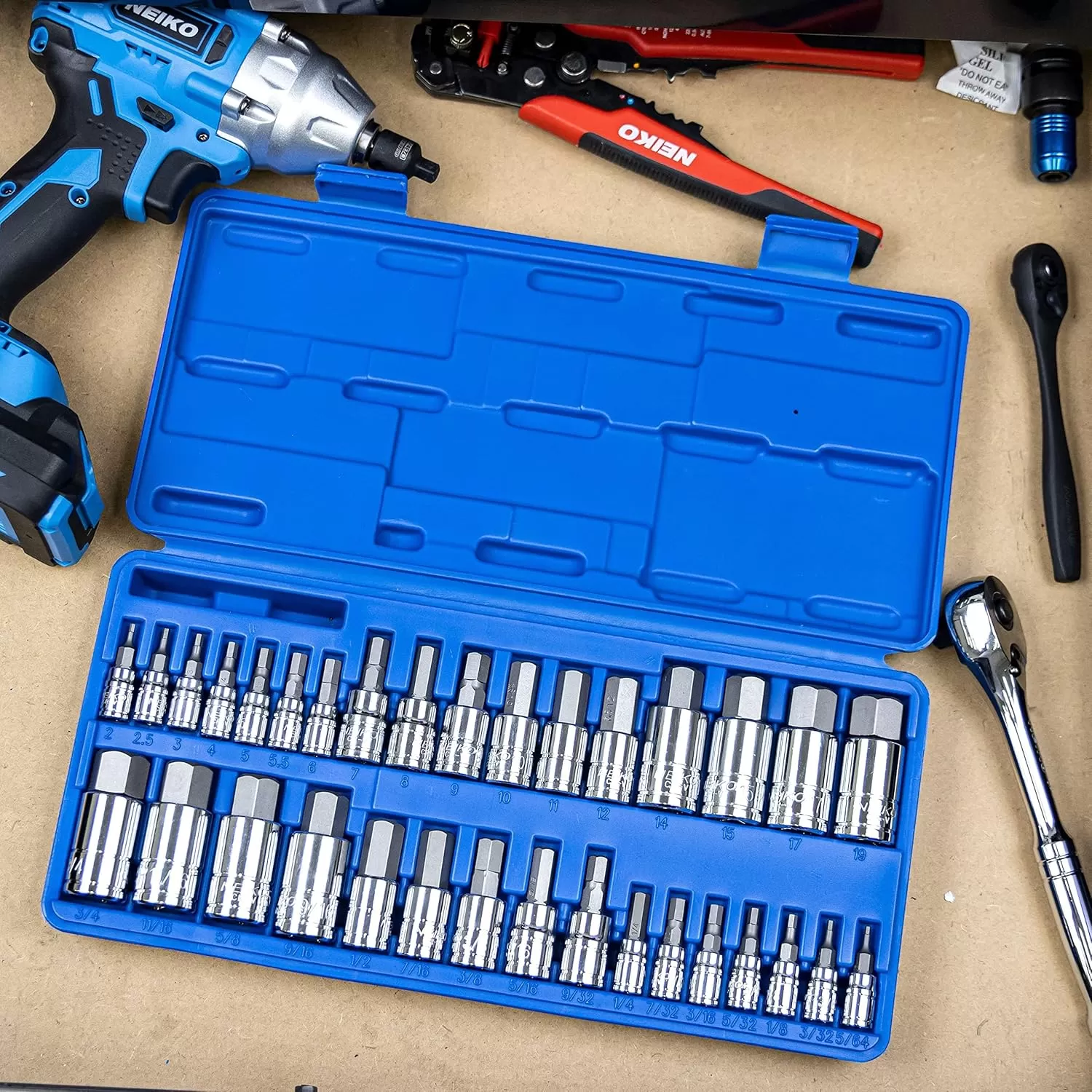 imageNEIKO 10288A Allen Hex Bit Socket Set 32 Piece SAE and Metric Allen Socket Set Allen Head Hex Key Socket Set Made with S2 SteelAllen Hex Bit