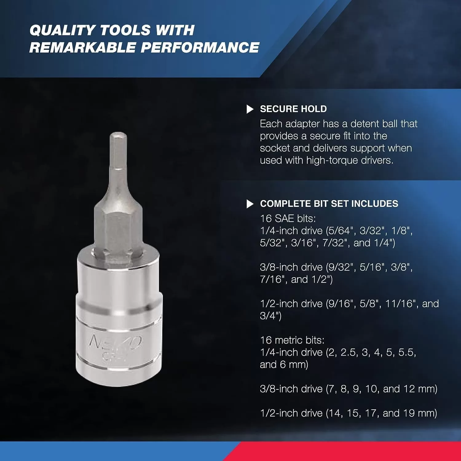 imageNEIKO 10288A Allen Hex Bit Socket Set 32 Piece SAE and Metric Allen Socket Set Allen Head Hex Key Socket Set Made with S2 SteelAllen Hex Bit