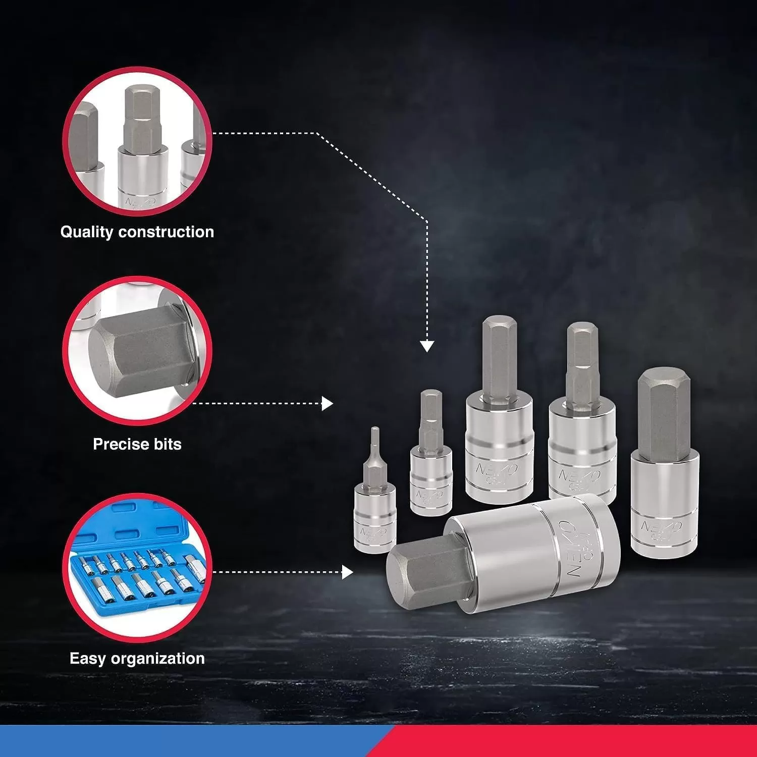 imageNEIKO 10288A Allen Hex Bit Socket Set 32 Piece SAE and Metric Allen Socket Set Allen Head Hex Key Socket Set Made with S2 SteelAllen Hex Bit