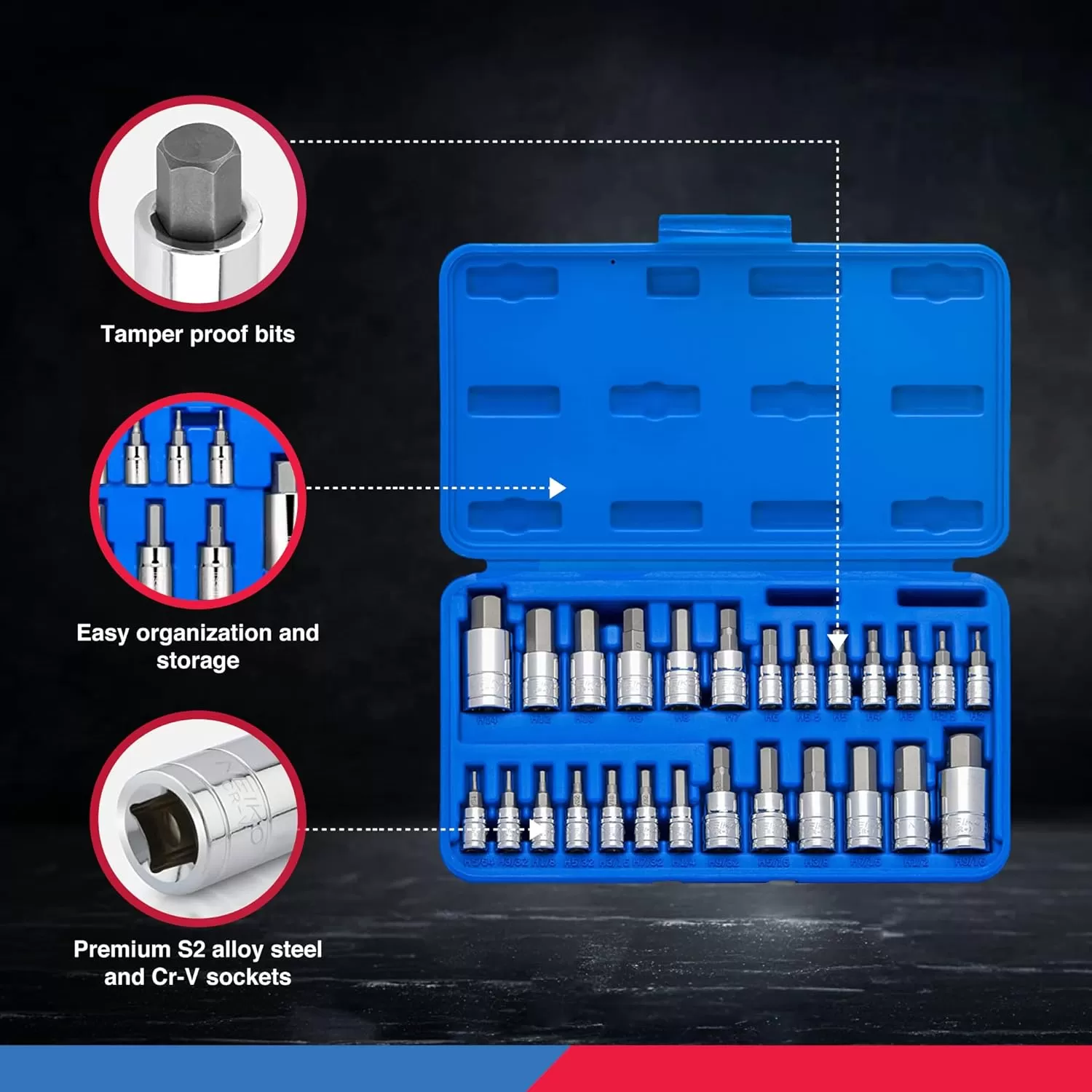 imageNEIKO 10288A Allen Hex Bit Socket Set 32 Piece SAE and Metric Allen Socket Set Allen Head Hex Key Socket Set Made with S2 SteelTP Allen Hex Bit