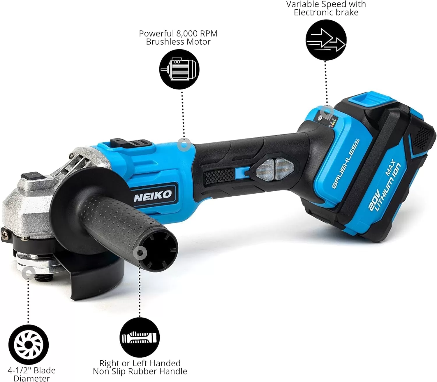 imageNEIKO 10881A Cordless Angle Grinder 4 12Inch Grinder with Variable Speed 20V 40A Liion Rechargeable Battery Powerful 8000 rpm Brushless Motor Grinders Power Tools Cordless Grinder ToolBrushless Angle Grinder