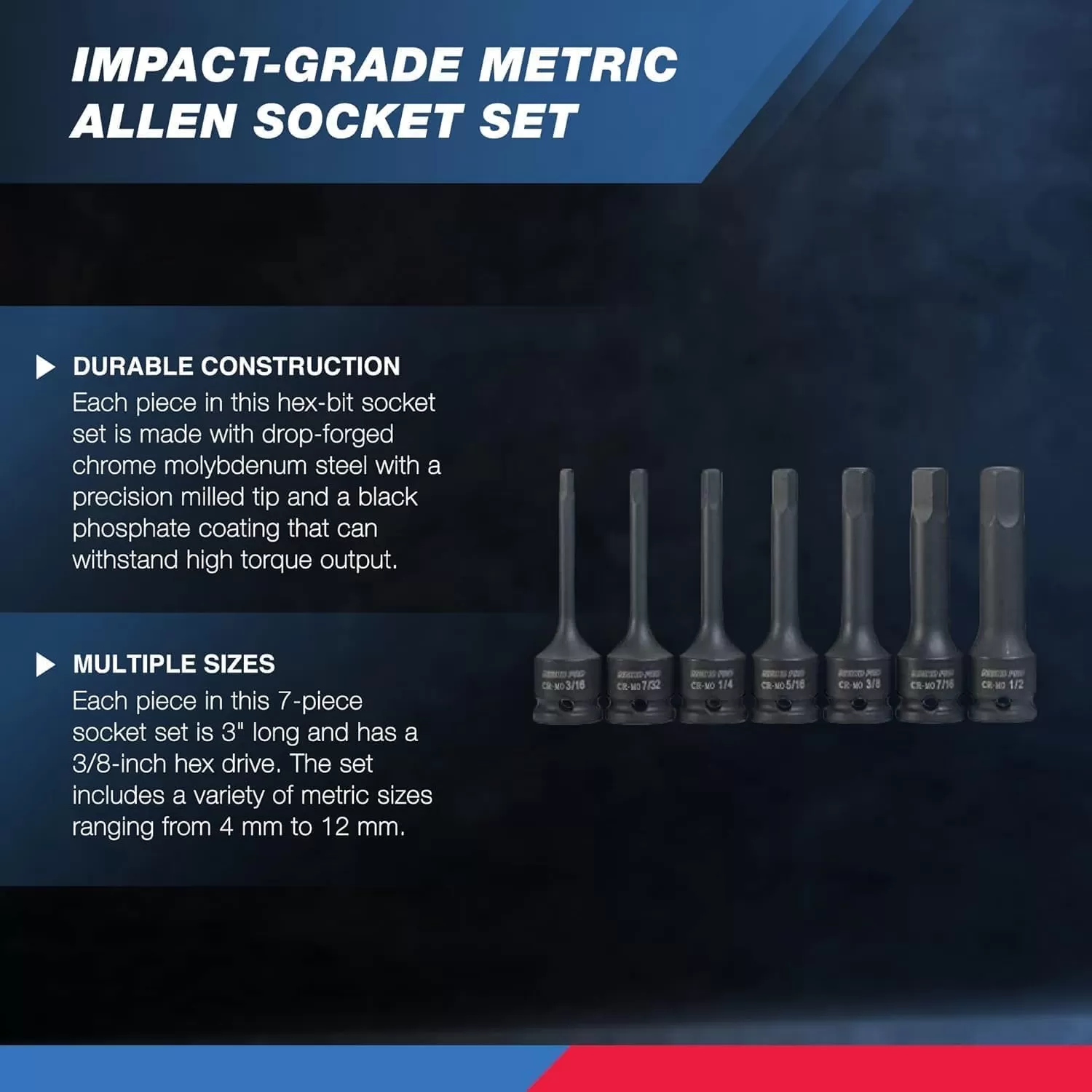 imageNeiko 01136B 12Inch Drive Allen Hex Impact Socket Set Metric 6 mm  19 mm CrMo 8PieceMetric