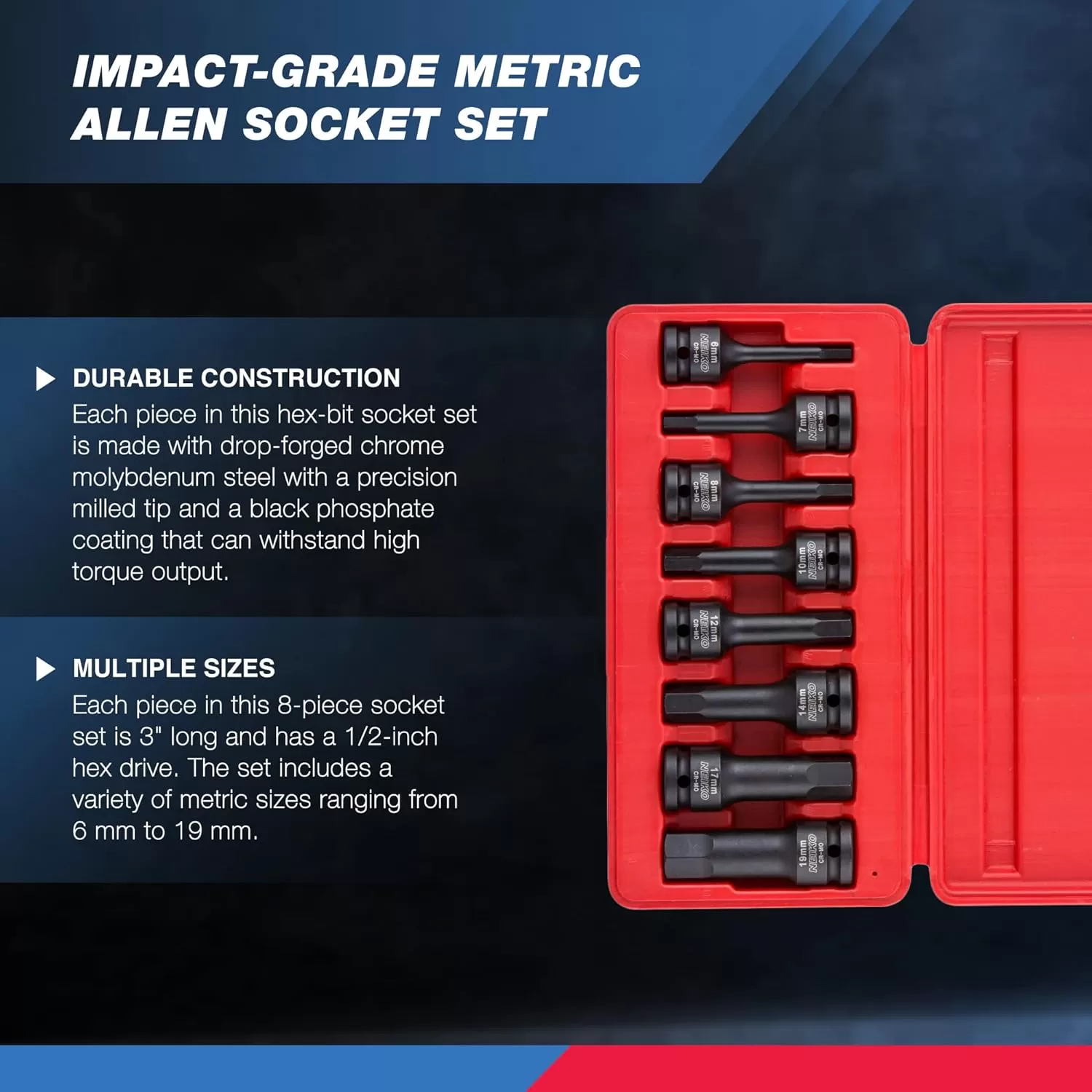 imageNeiko 01136B 12Inch Drive Allen Hex Impact Socket Set Metric 6 mm  19 mm CrMo 8PieceMetric