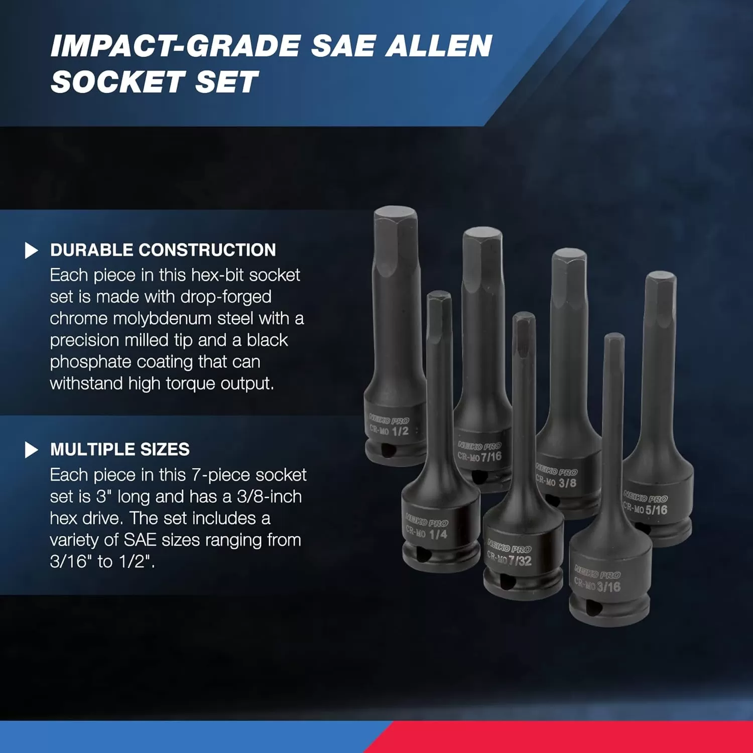 imageNeiko 01136B 12Inch Drive Allen Hex Impact Socket Set Metric 6 mm  19 mm CrMo 8PieceSAE