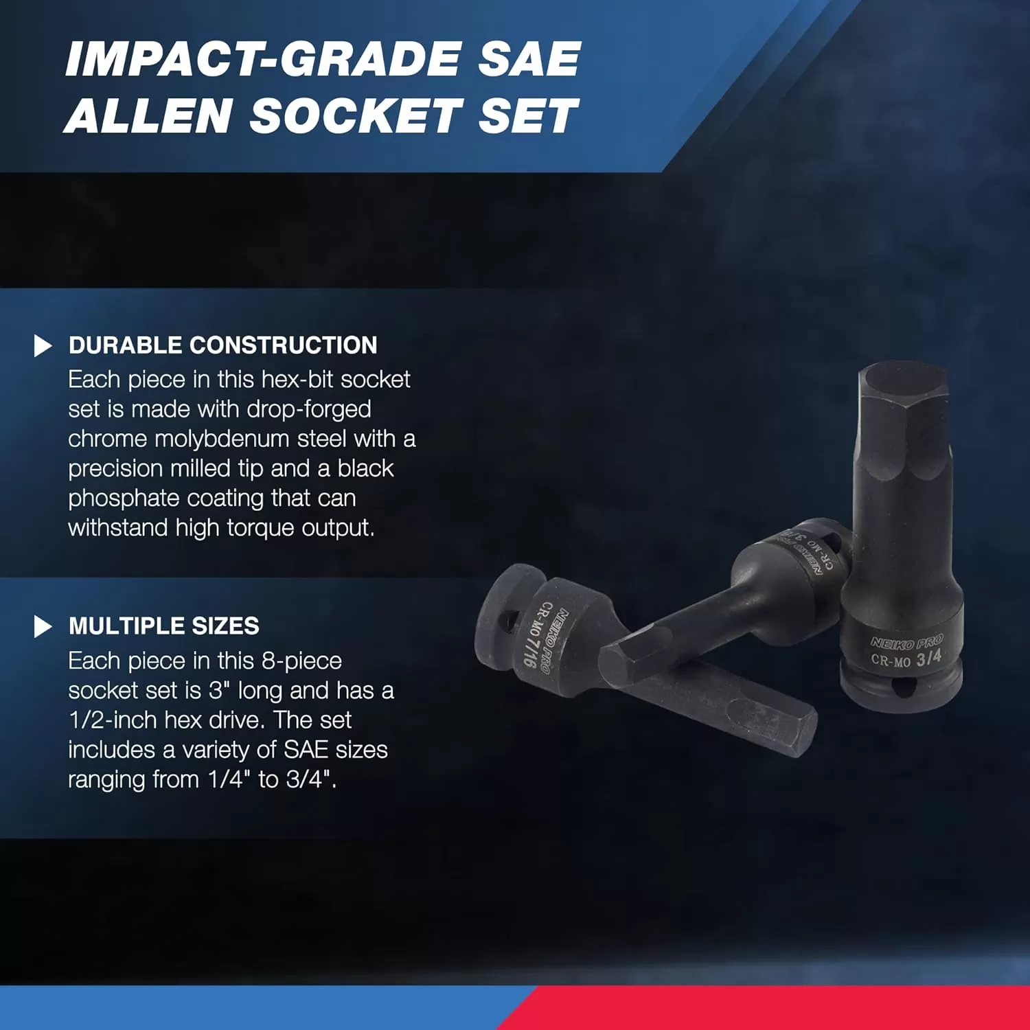 imageNeiko 01136B 12Inch Drive Allen Hex Impact Socket Set Metric 6 mm  19 mm CrMo 8PieceSAE