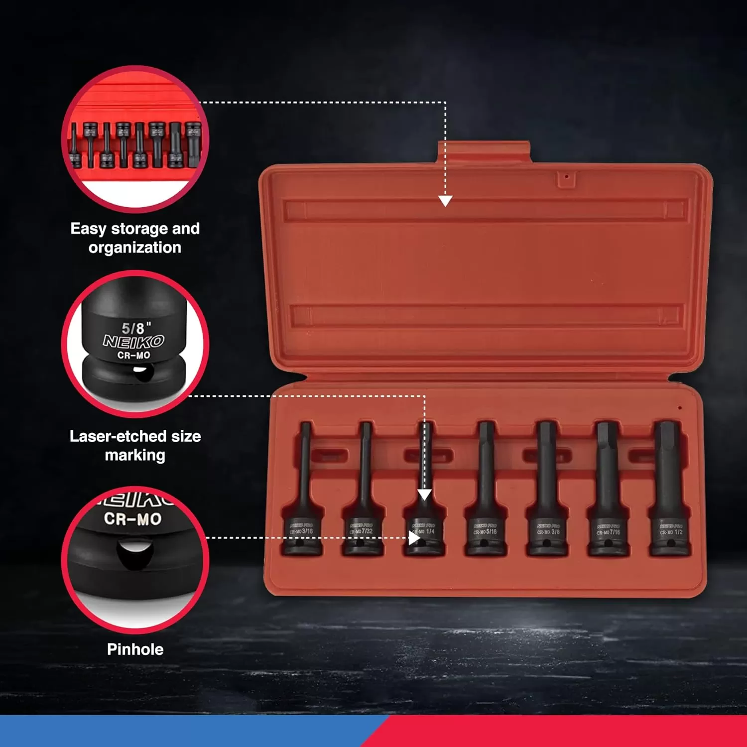imageNeiko 01136B 12Inch Drive Allen Hex Impact Socket Set Metric 6 mm  19 mm CrMo 8PieceSAE