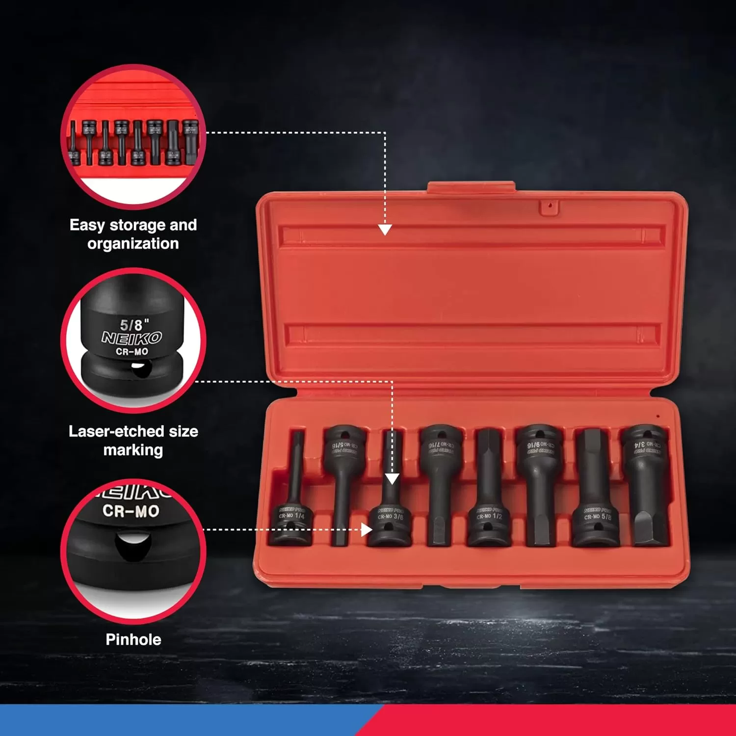 imageNeiko 01136B 12Inch Drive Allen Hex Impact Socket Set Metric 6 mm  19 mm CrMo 8PieceSAE