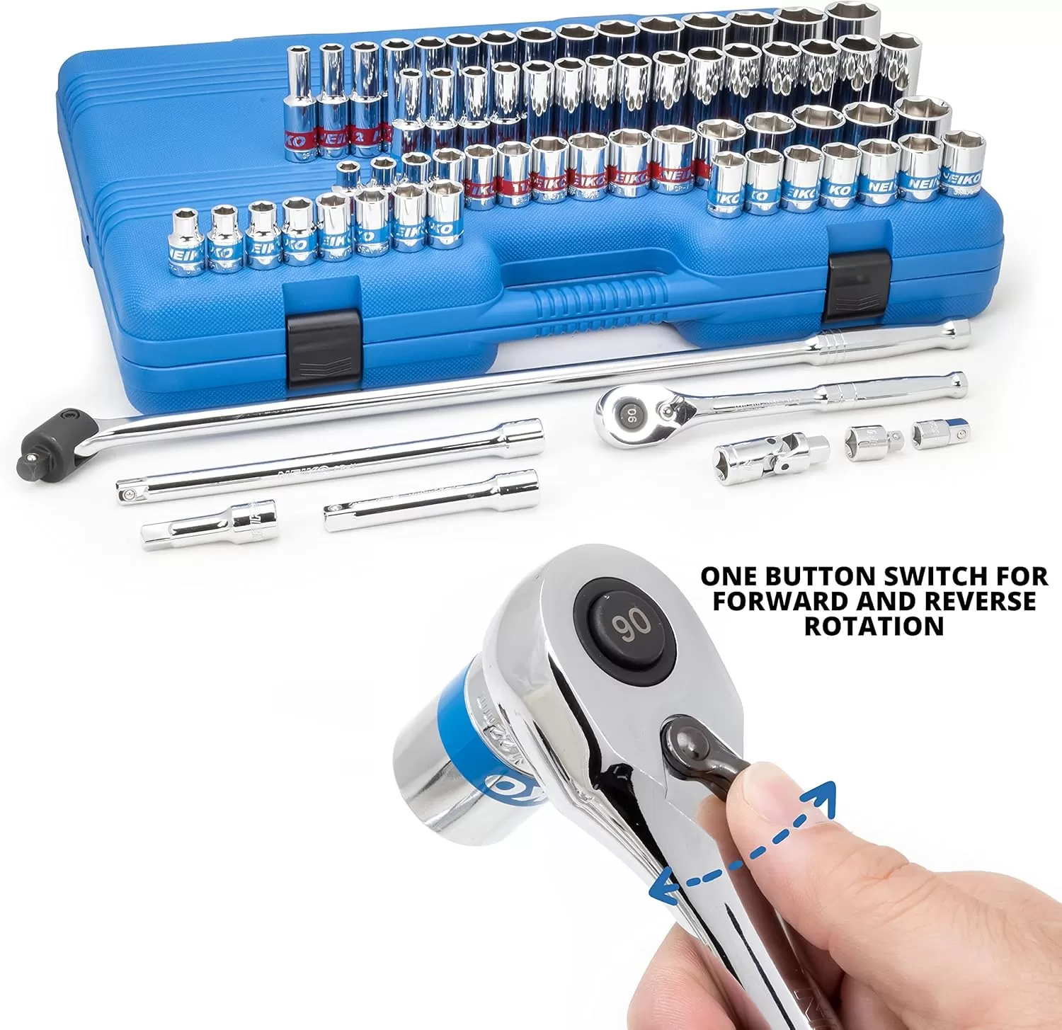 imageNeiko 02514A 14 InchDrive Ratchet and Small Socket Set 58Piece Chrome Vanadium Steel Multicolor12 Drive