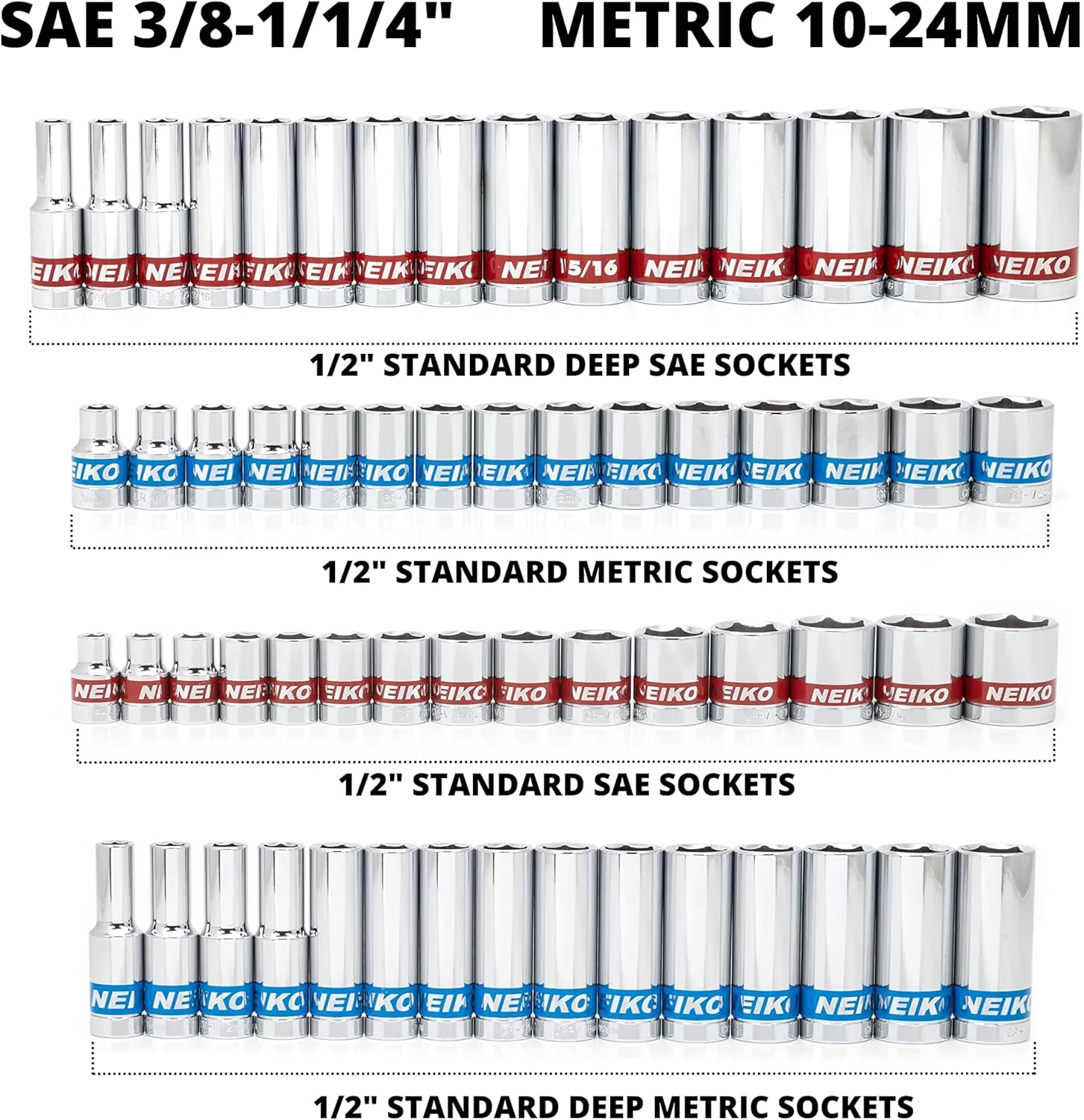 imageNeiko 02514A 14 InchDrive Ratchet and Small Socket Set 58Piece Chrome Vanadium Steel Multicolor12 Drive