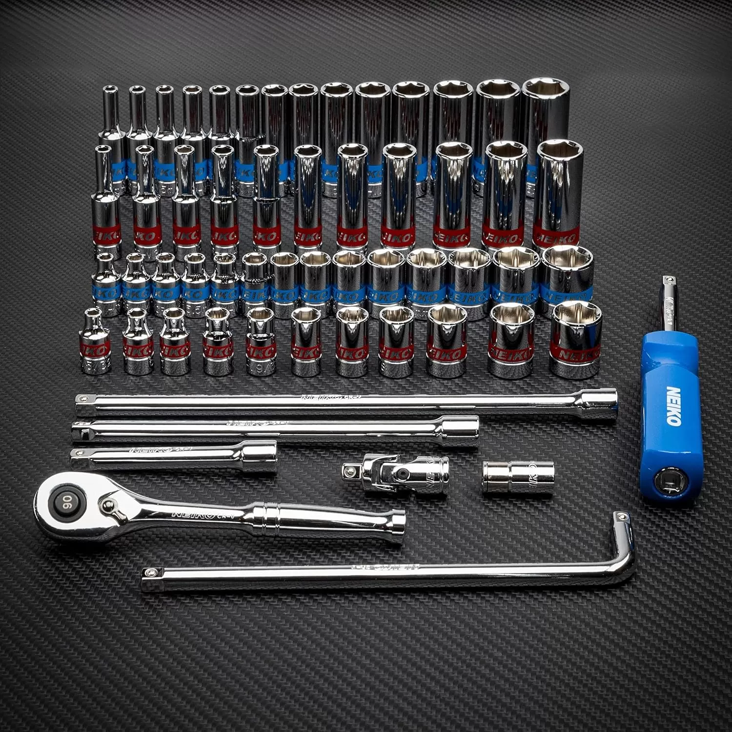imageNeiko 02514A 14 InchDrive Ratchet and Small Socket Set 58Piece Chrome Vanadium Steel Multicolor14 Drive
