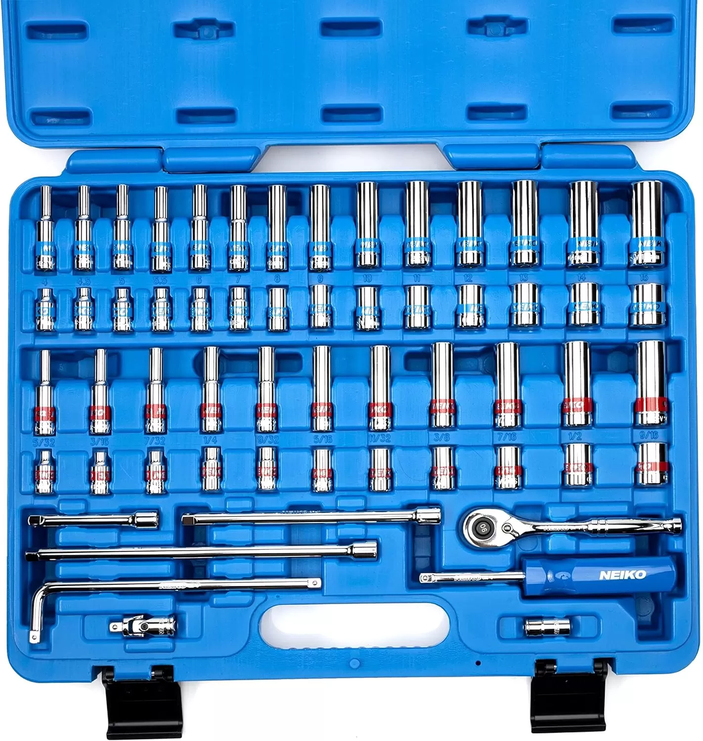 imageNeiko 02514A 14 InchDrive Ratchet and Small Socket Set 58Piece Chrome Vanadium Steel Multicolor14 Drive