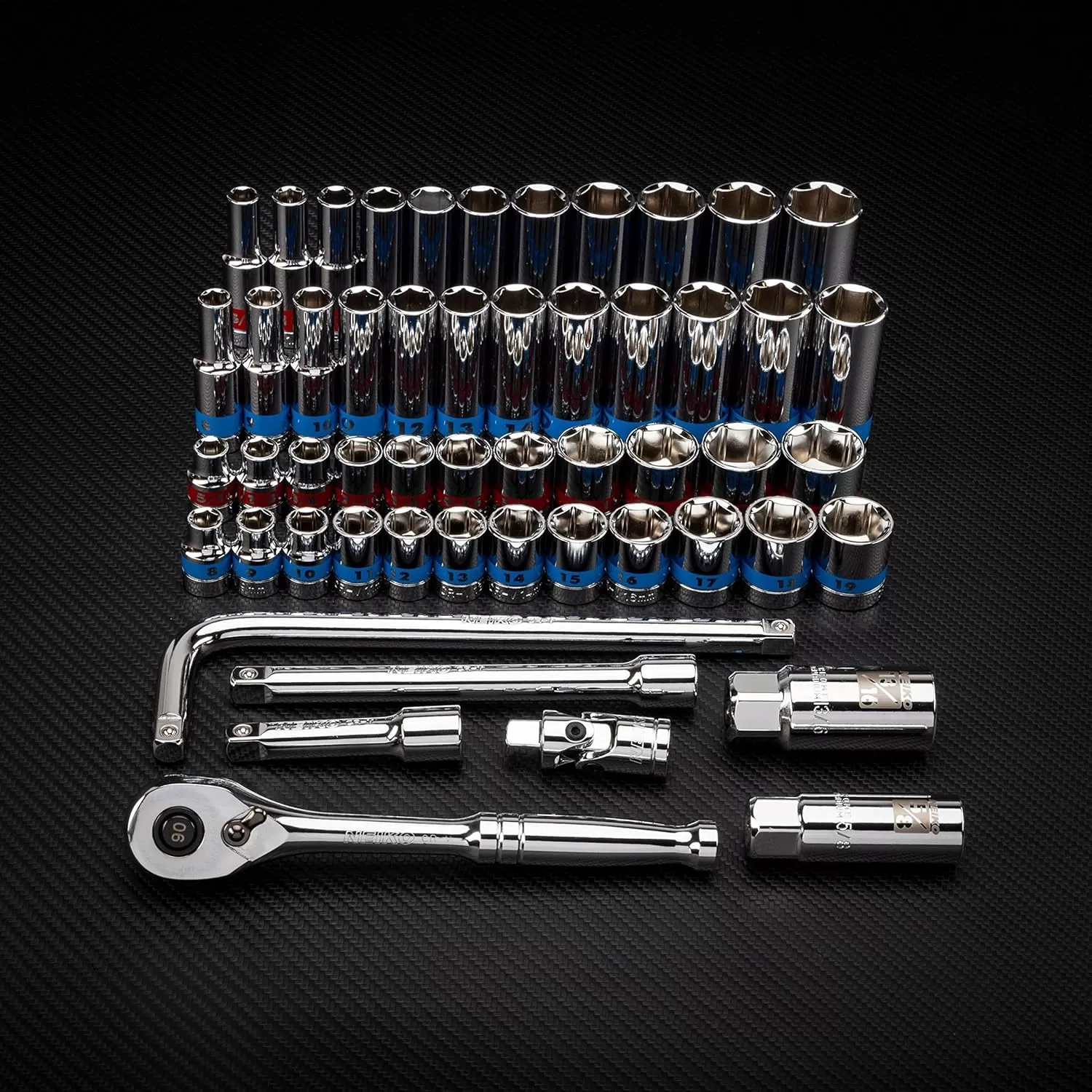 imageNeiko 02514A 14 InchDrive Ratchet and Small Socket Set 58Piece Chrome Vanadium Steel Multicolor38 Drive