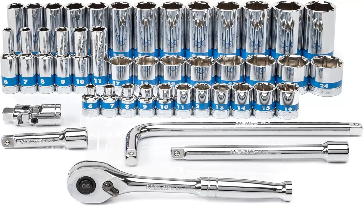 imageNeiko 02514A 14 InchDrive Ratchet and Small Socket Set 58Piece Chrome Vanadium Steel Multicolor38 Drive