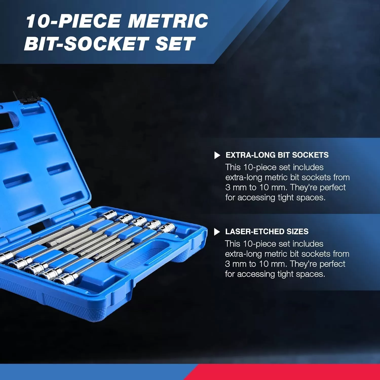 imageNeiko 10076A 38Inch Drive Extra Long Allen Hex Bit Socket Set Metric 3 mm  10 mm  S2 and CrV Steel 7Piece SetMetric
