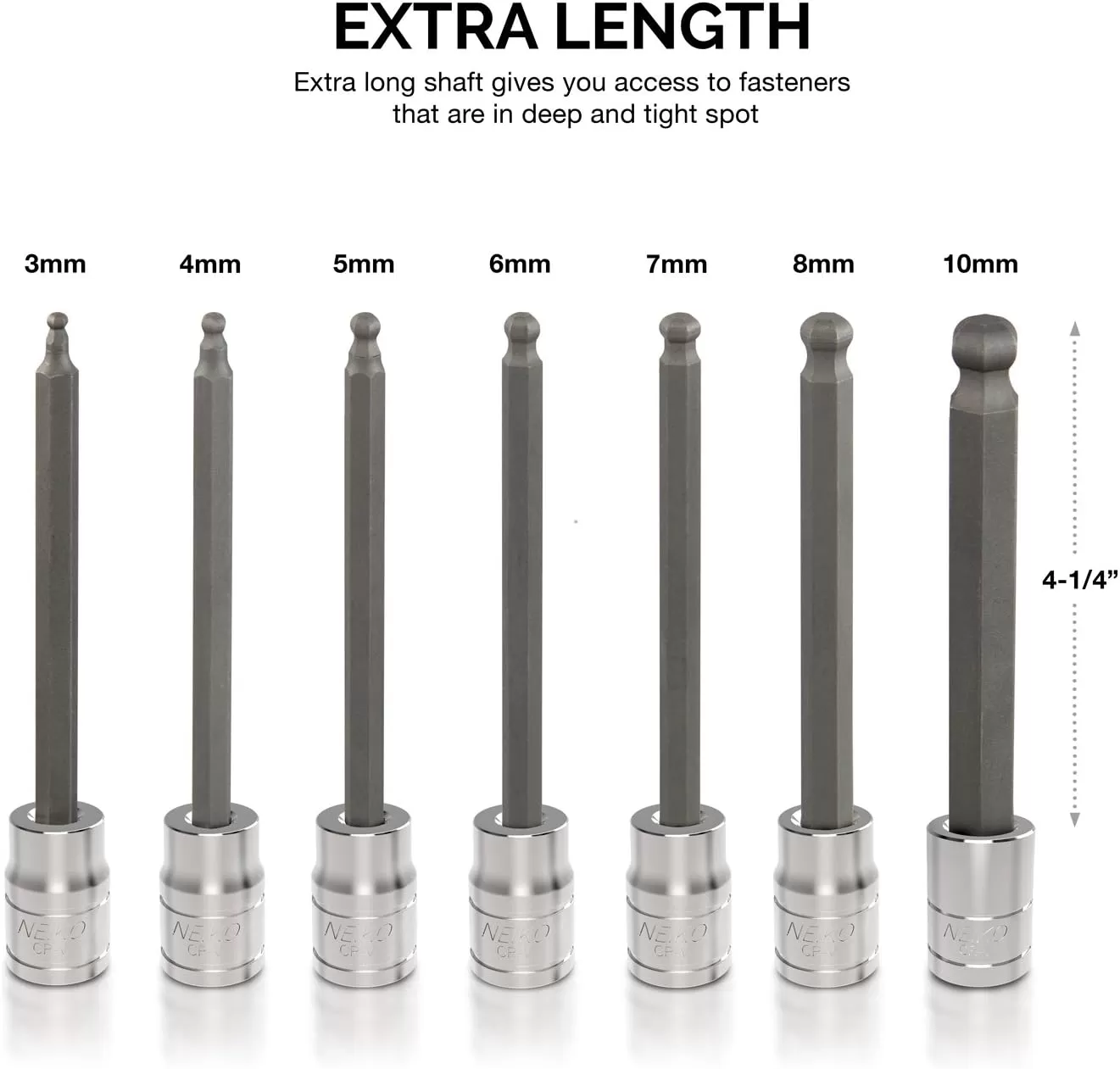 imageNeiko 10076A 38Inch Drive Extra Long Allen Hex Bit Socket Set Metric 3 mm  10 mm  S2 and CrV Steel 7Piece SetMetric