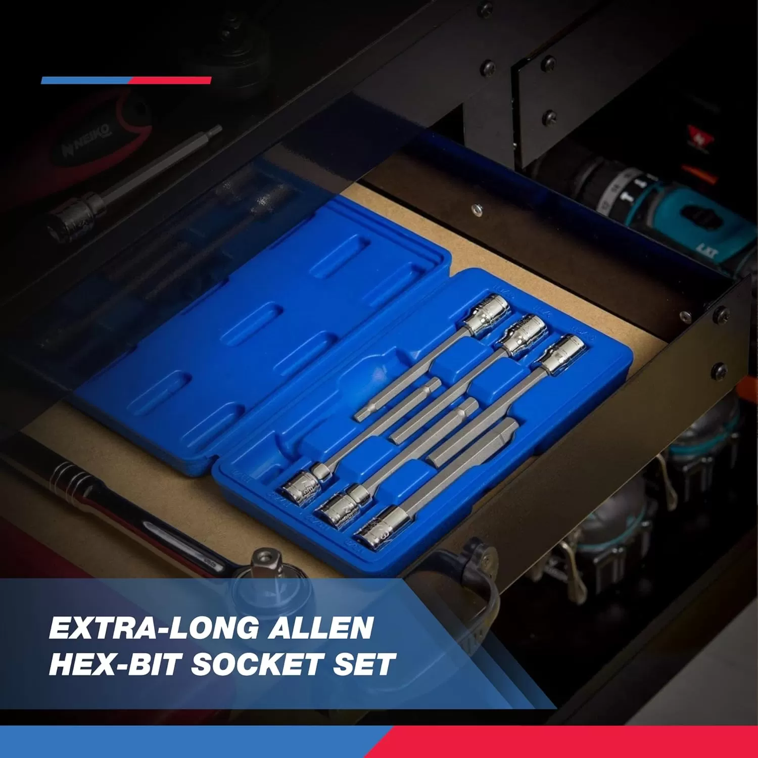 imageNeiko 10076A 38Inch Drive Extra Long Allen Hex Bit Socket Set Metric 3 mm  10 mm  S2 and CrV Steel 7Piece SetMetric