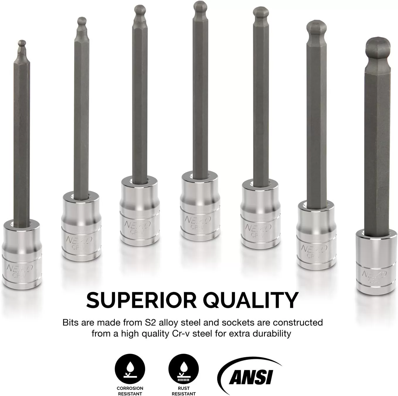 imageNeiko 10076A 38Inch Drive Extra Long Allen Hex Bit Socket Set Metric 3 mm  10 mm  S2 and CrV Steel 7Piece SetMetric