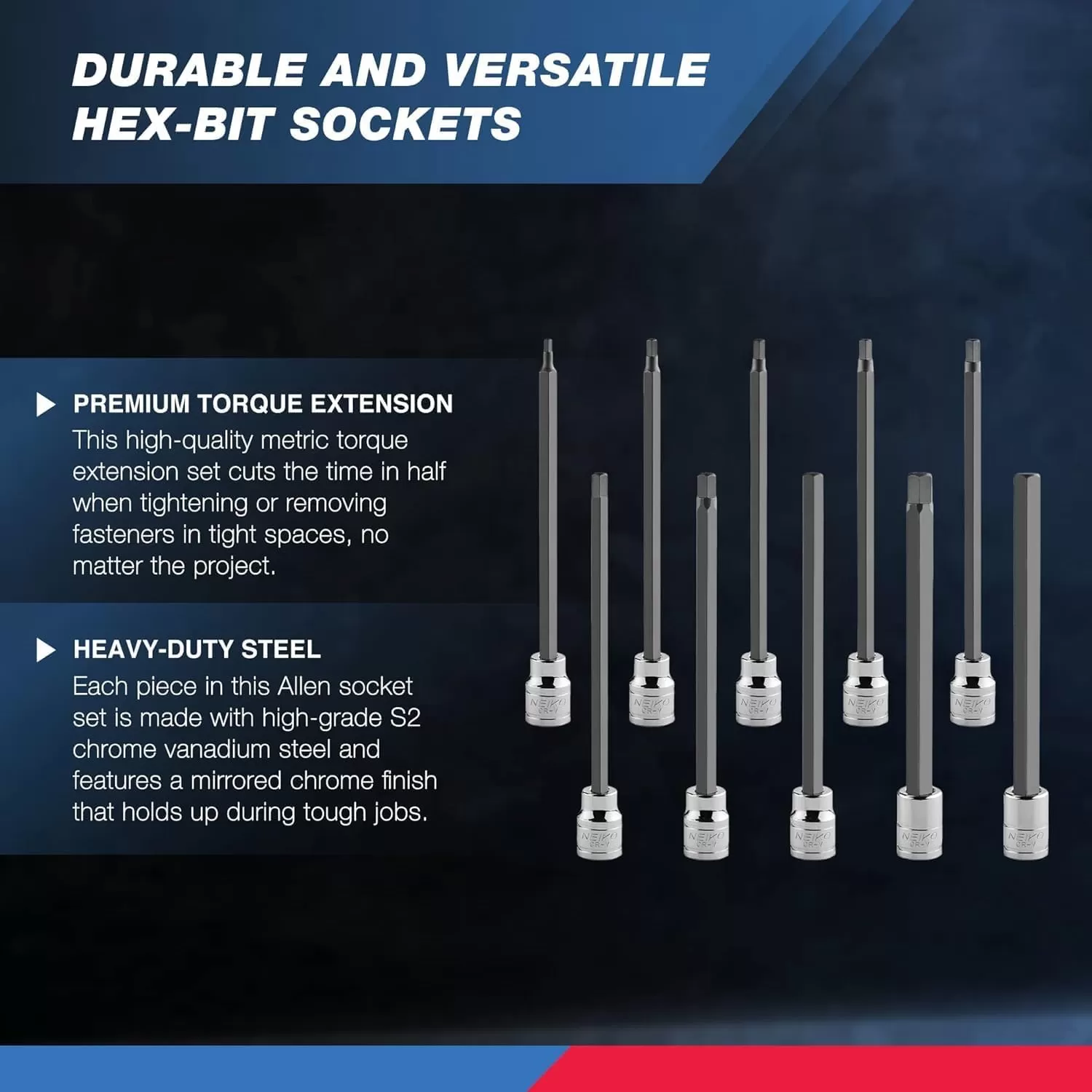imageNeiko 10076A 38Inch Drive Extra Long Allen Hex Bit Socket Set Metric 3 mm  10 mm  S2 and CrV Steel 7Piece SetMetric