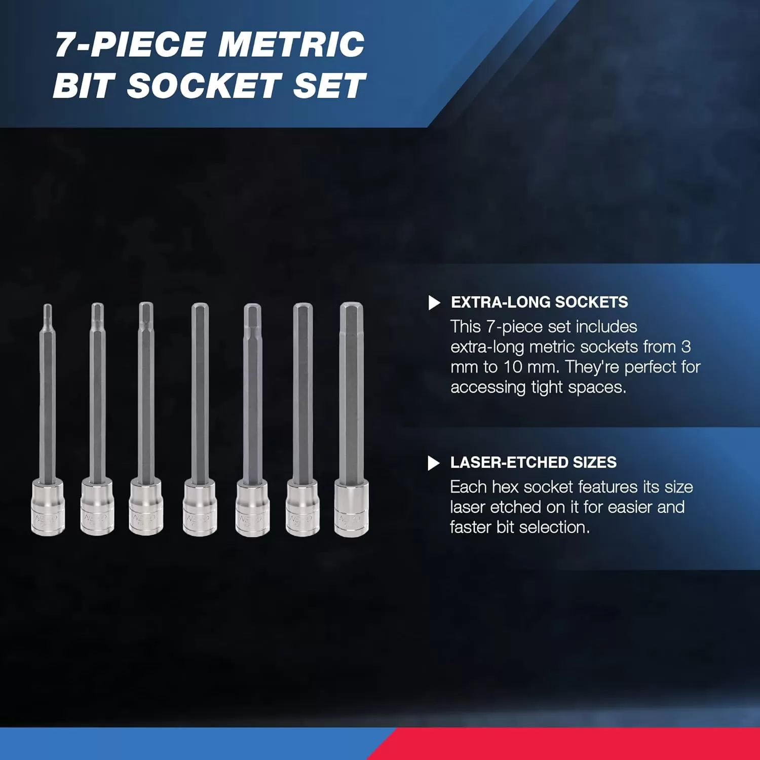 imageNeiko 10076A 38Inch Drive Extra Long Allen Hex Bit Socket Set Metric 3 mm  10 mm  S2 and CrV Steel 7Piece SetMetric
