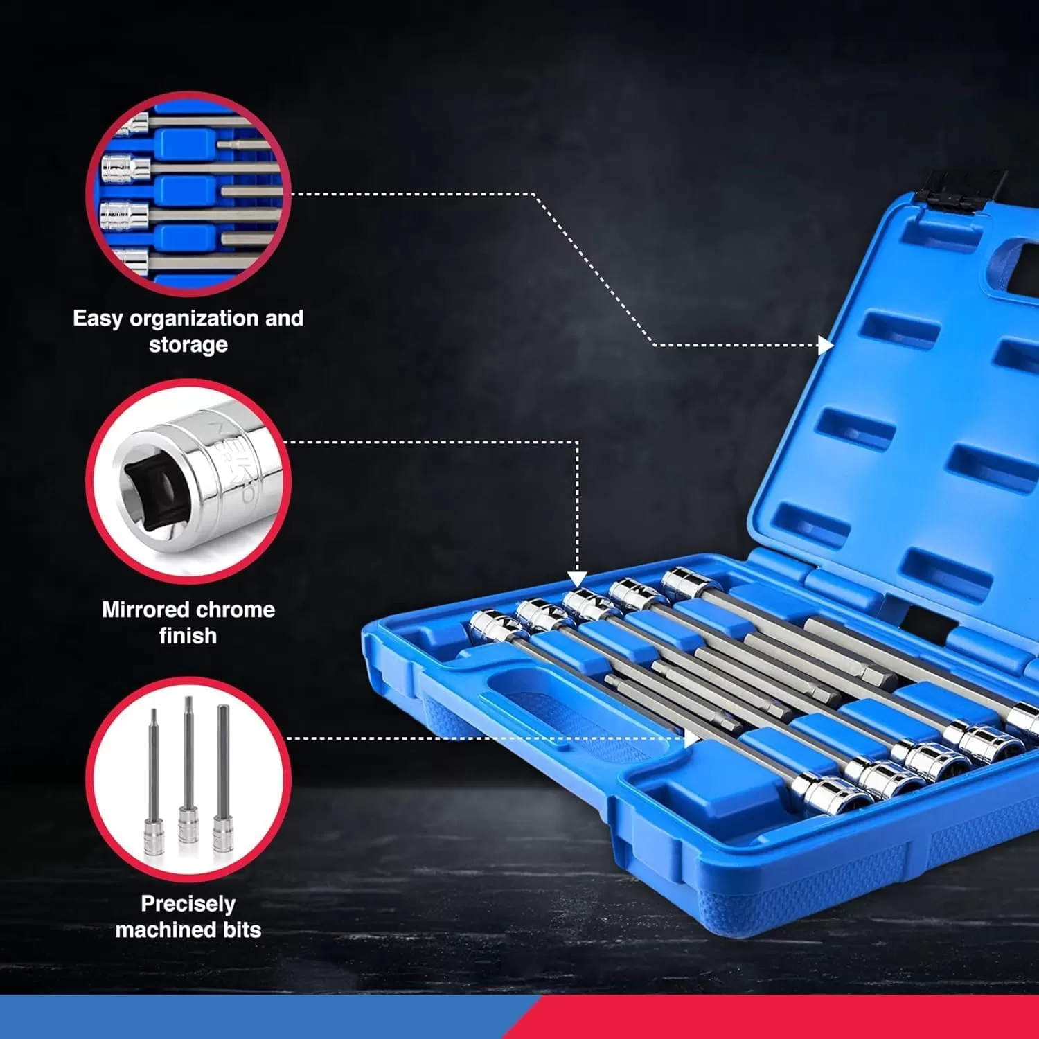 imageNeiko 10076A 38Inch Drive Extra Long Allen Hex Bit Socket Set Metric 3 mm  10 mm  S2 and CrV Steel 7Piece SetMetric