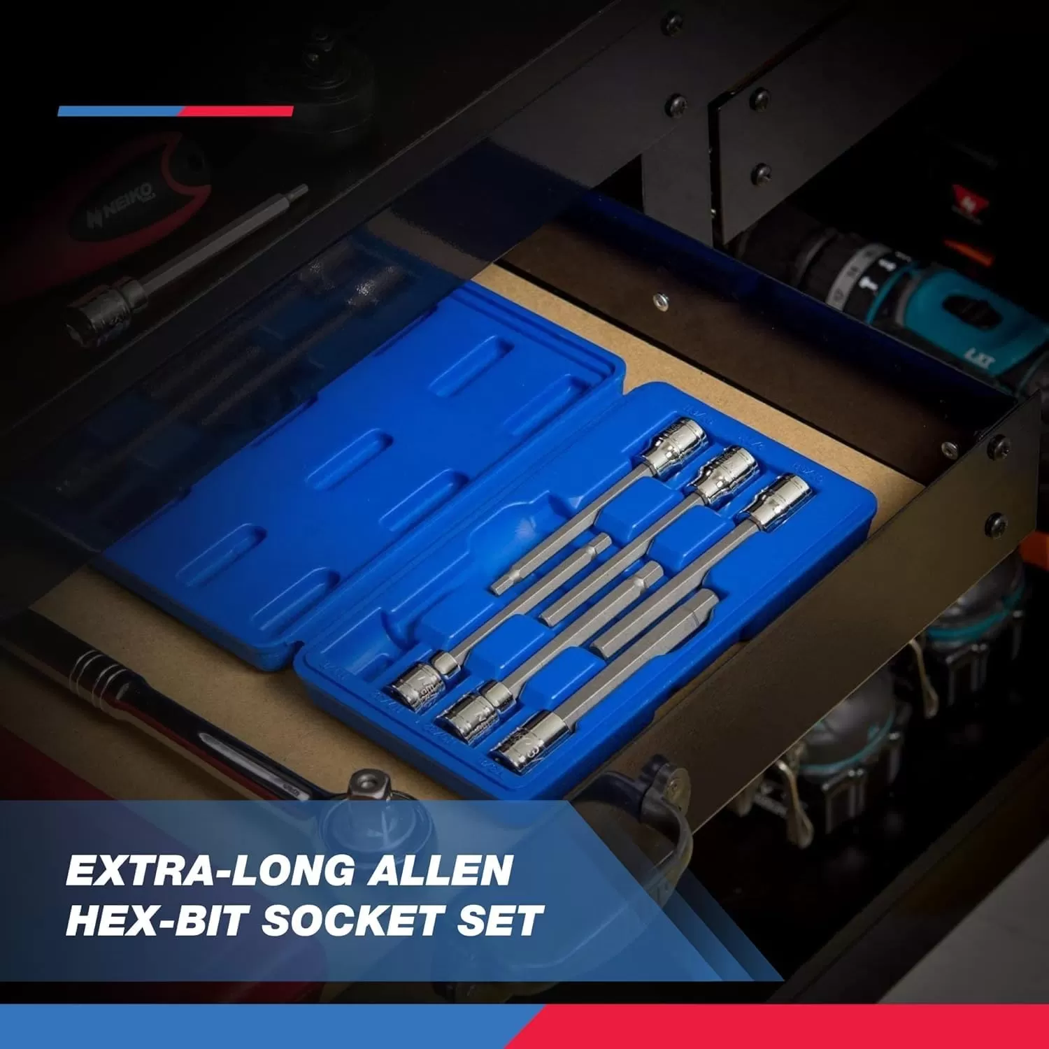 imageNeiko 10076A 38Inch Drive Extra Long Allen Hex Bit Socket Set Metric 3 mm  10 mm  S2 and CrV Steel 7Piece SetSAE