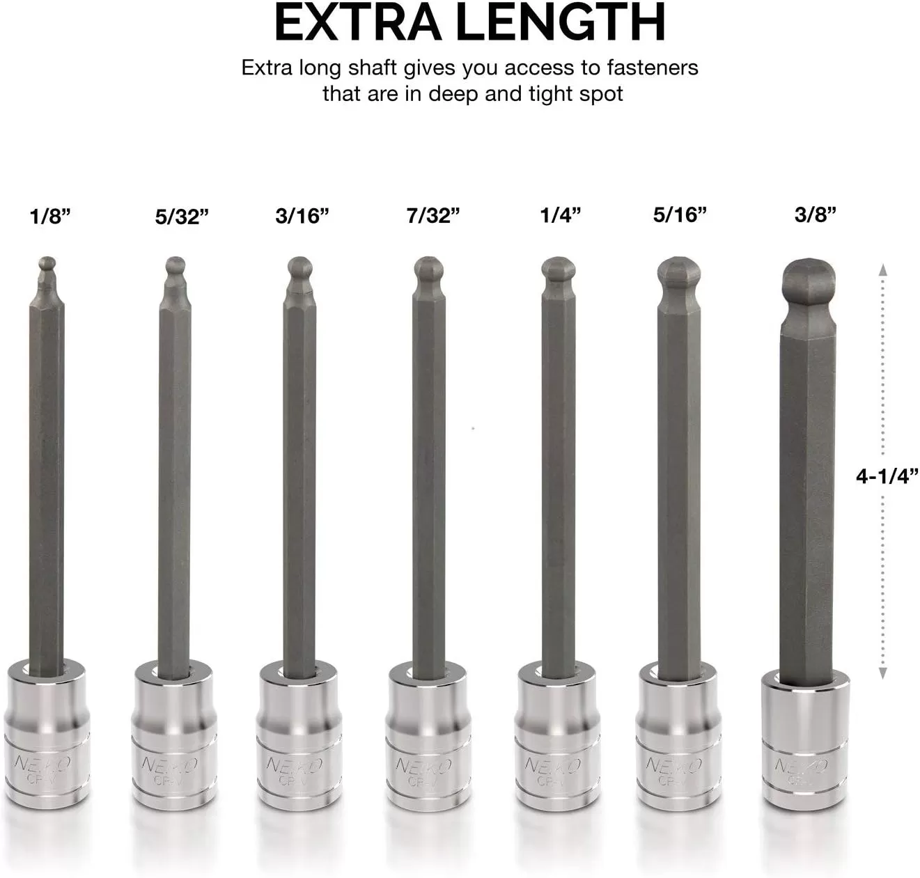 imageNeiko 10076A 38Inch Drive Extra Long Allen Hex Bit Socket Set Metric 3 mm  10 mm  S2 and CrV Steel 7Piece SetSAE
