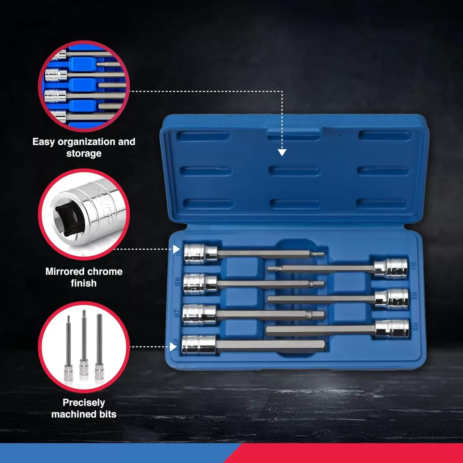 imageNeiko 10076A 38Inch Drive Extra Long Allen Hex Bit Socket Set Metric 3 mm  10 mm  S2 and CrV Steel 7Piece SetSAE
