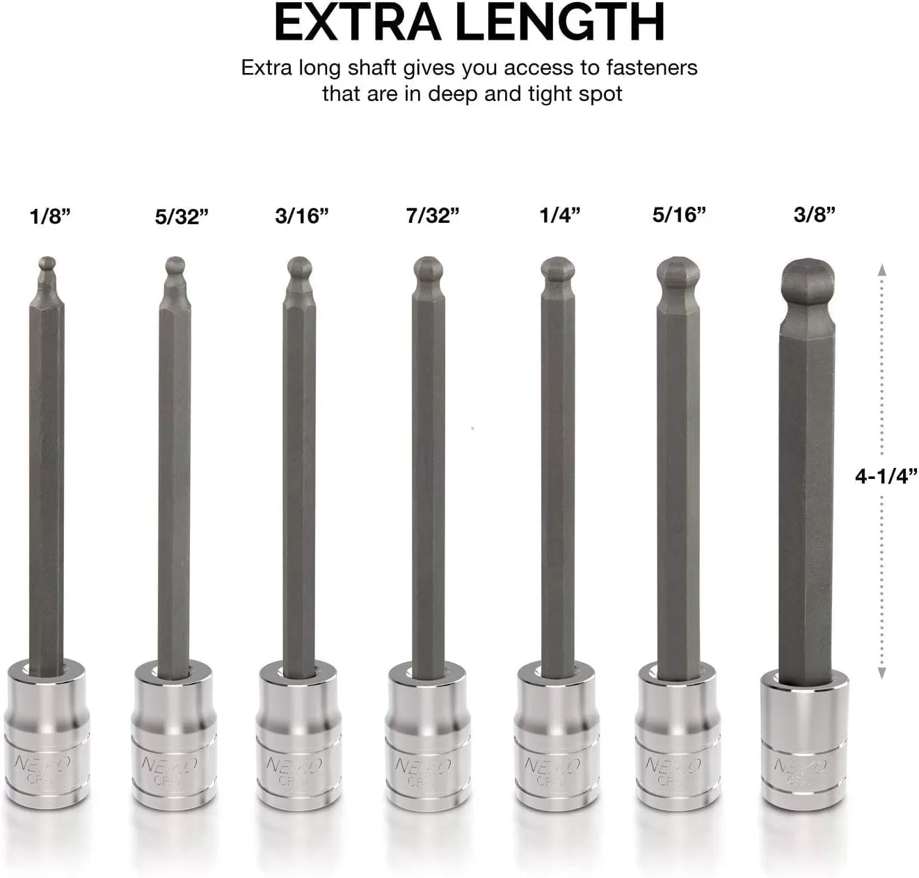 imageNeiko 10076A 38Inch Drive Extra Long Allen Hex Bit Socket Set Metric 3 mm  10 mm  S2 and CrV Steel 7Piece SetSAE