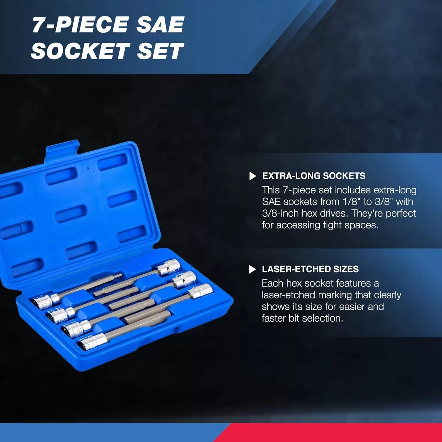 imageNeiko 10076A 38Inch Drive Extra Long Allen Hex Bit Socket Set Metric 3 mm  10 mm  S2 and CrV Steel 7Piece SetSAE