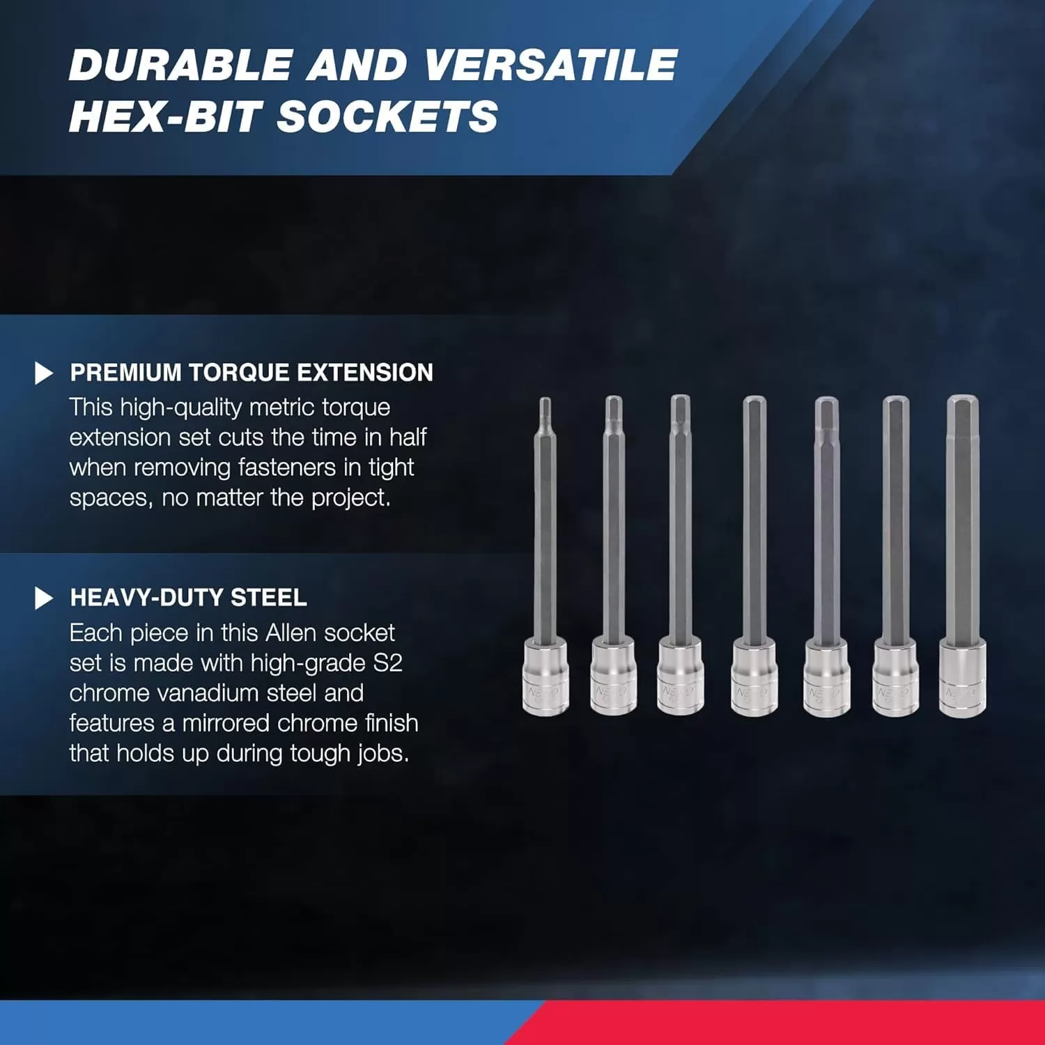 imageNeiko 10076A 38Inch Drive Extra Long Allen Hex Bit Socket Set Metric 3 mm  10 mm  S2 and CrV Steel 7Piece SetSAE