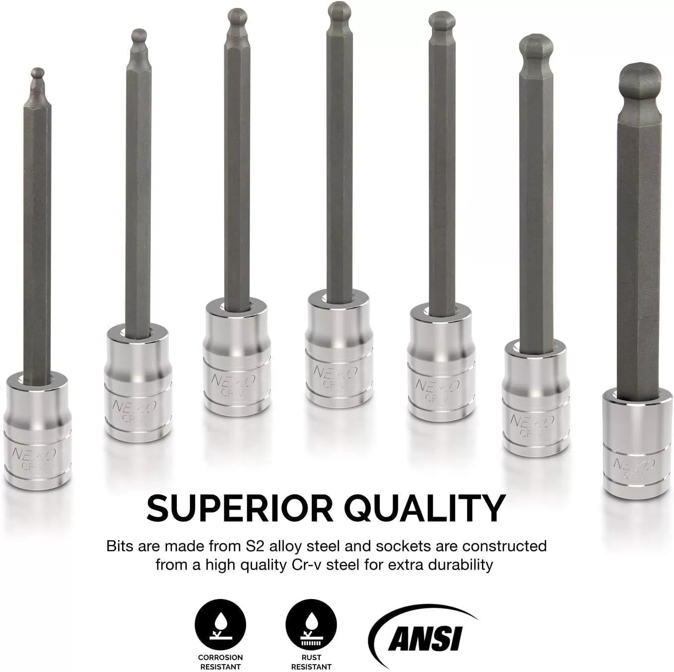 imageNeiko 10076A 38Inch Drive Extra Long Allen Hex Bit Socket Set Metric 3 mm  10 mm  S2 and CrV Steel 7Piece SetSAE
