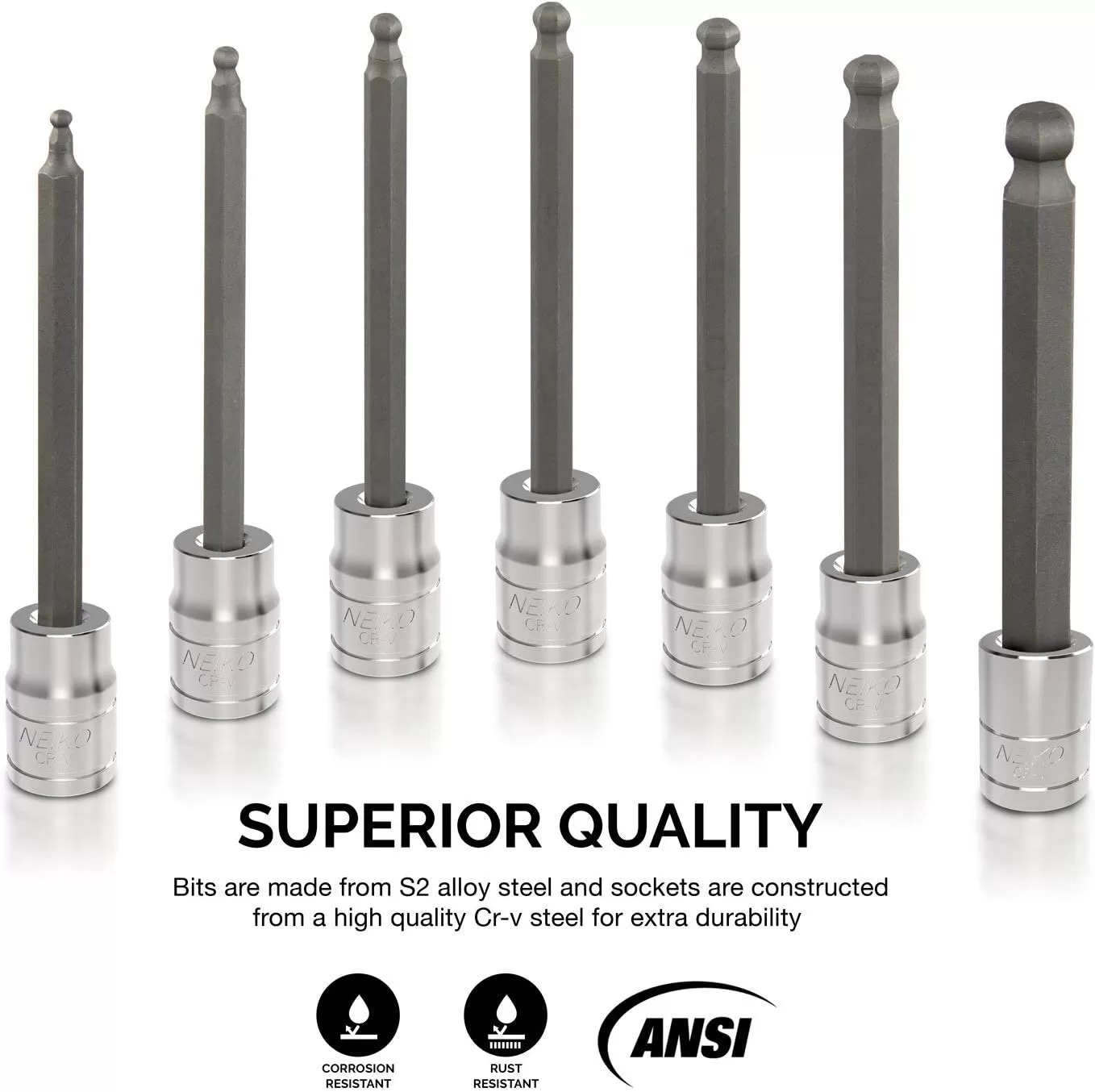 imageNeiko 10076A 38Inch Drive Extra Long Allen Hex Bit Socket Set Metric 3 mm  10 mm  S2 and CrV Steel 7Piece SetSAE