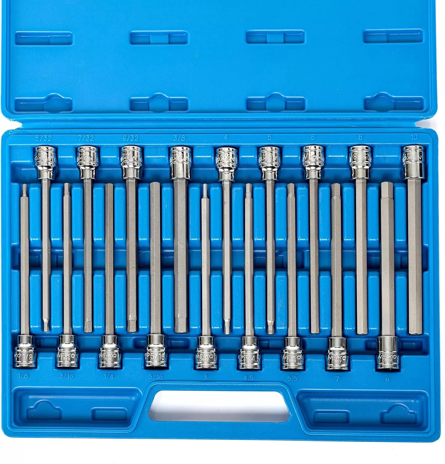 imageNeiko 10076A 38Inch Drive Extra Long Allen Hex Bit Socket Set Metric 3 mm  10 mm  S2 and CrV Steel 7Piece SetSAE and Metric