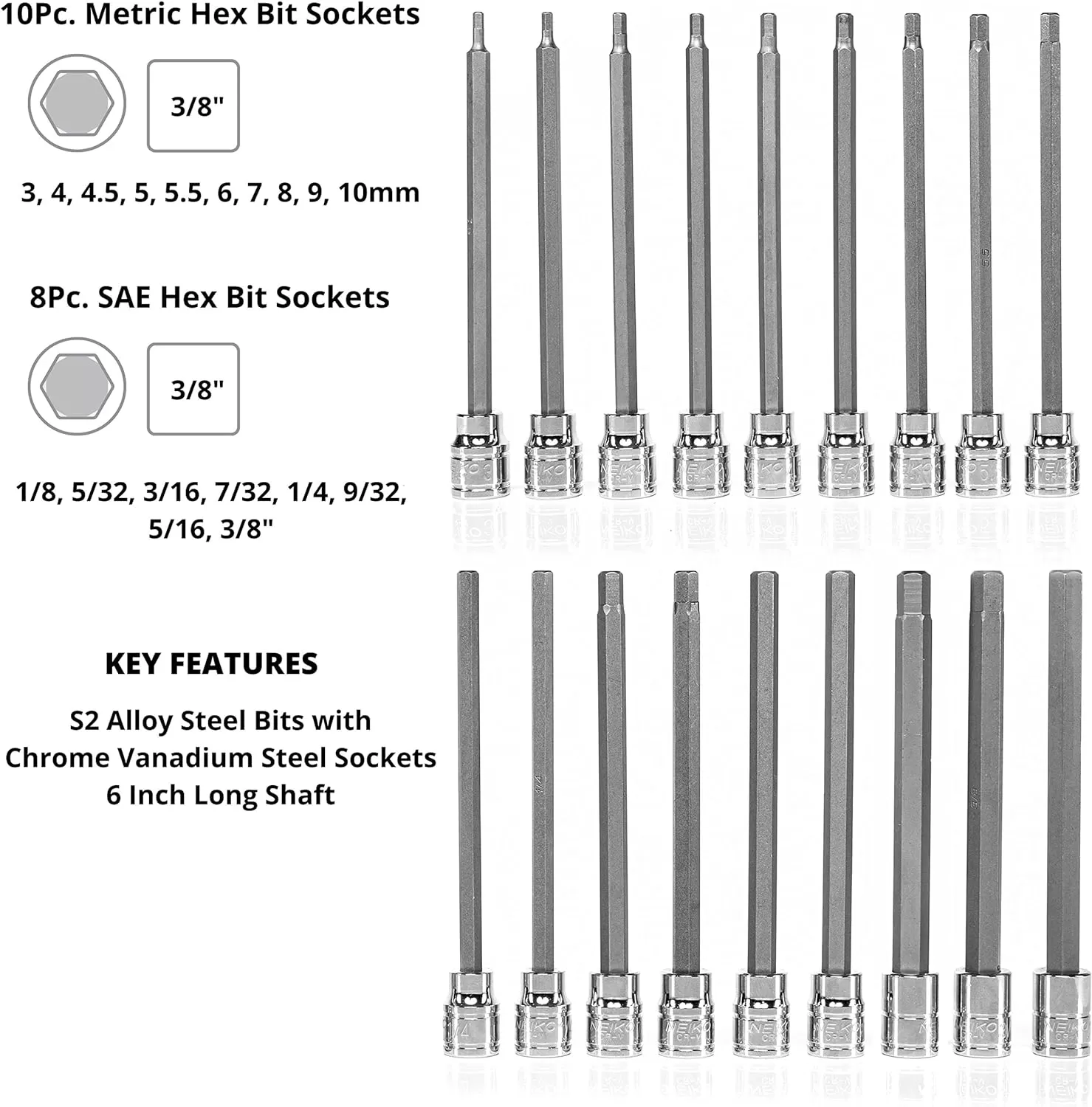 imageNeiko 10076A 38Inch Drive Extra Long Allen Hex Bit Socket Set Metric 3 mm  10 mm  S2 and CrV Steel 7Piece SetSAE and Metric