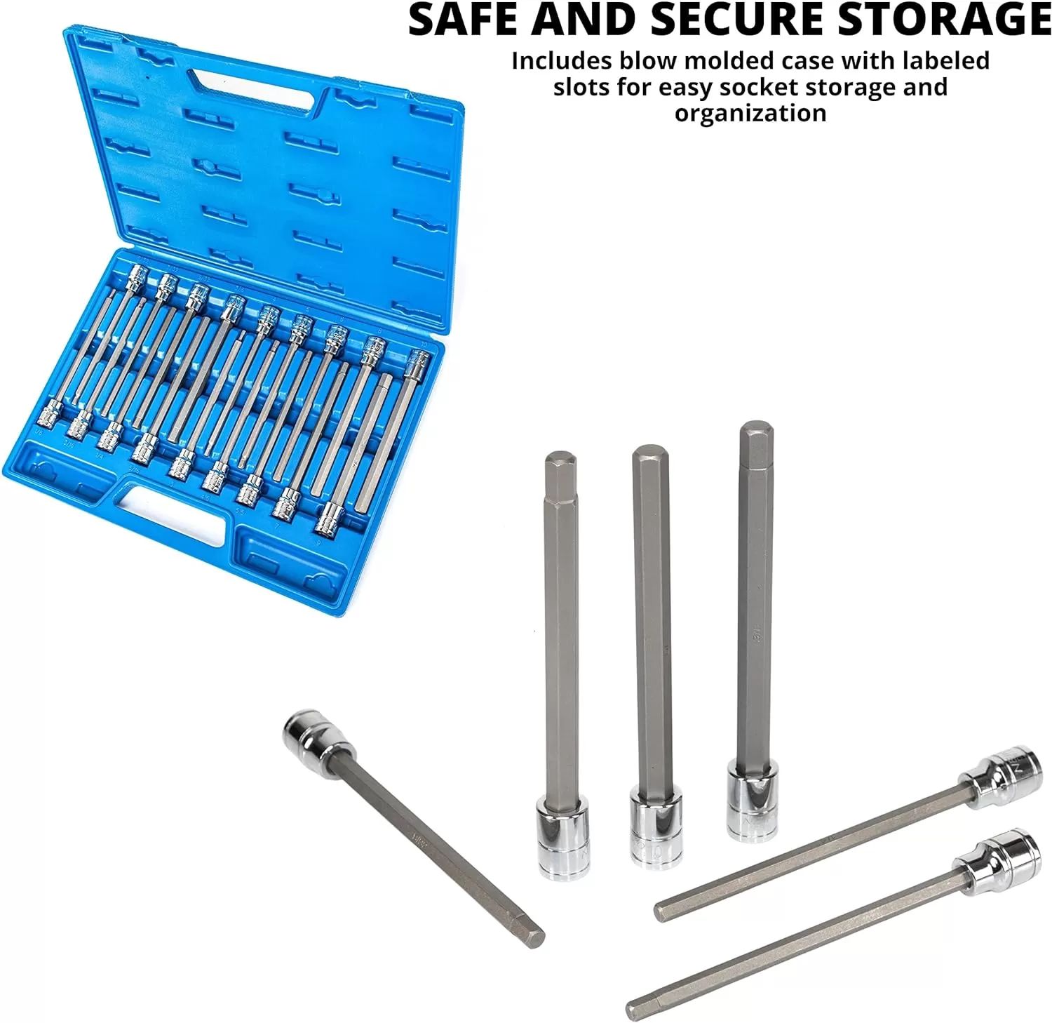 imageNeiko 10076A 38Inch Drive Extra Long Allen Hex Bit Socket Set Metric 3 mm  10 mm  S2 and CrV Steel 7Piece SetSAE and Metric